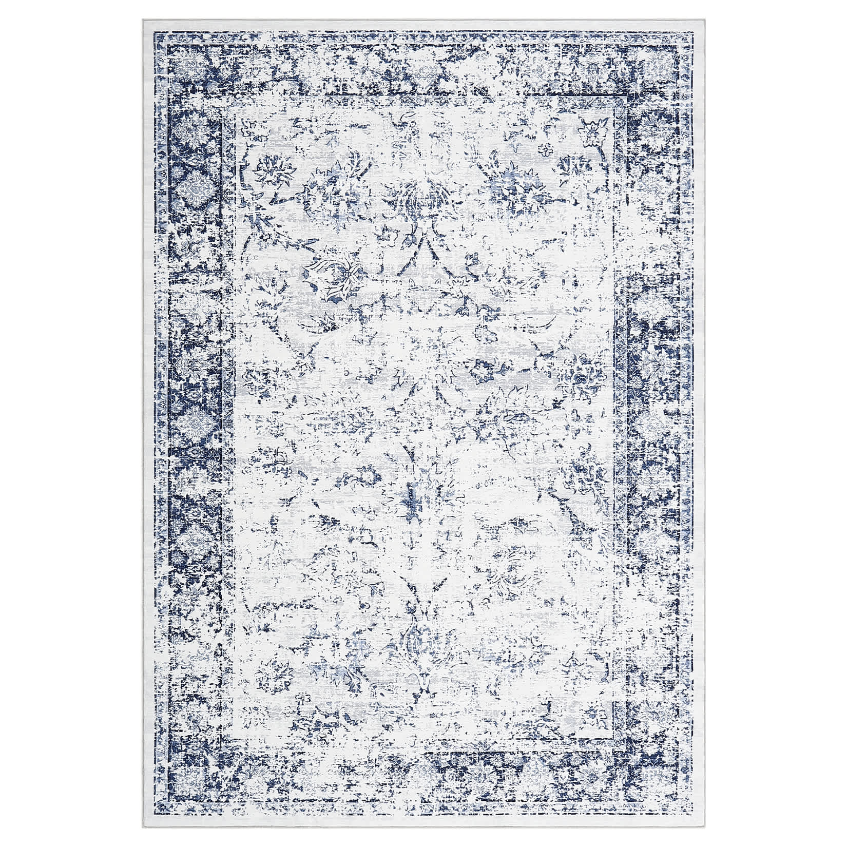 Qeetex SUNNY-PHO-334RK1J0 5 x 7 ft Polyester Blue Rectangular Living Room Bedroom Dining Room Distressed Floral Print Vintage Machine Washable Area Rug