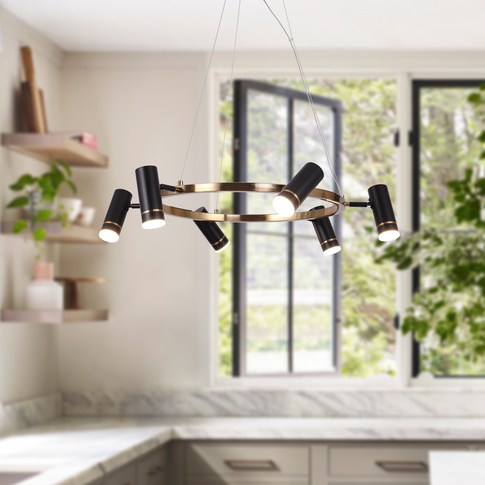 ZEVNI L36N6R6BW4428SR7 Daron 6 -Light Matte Black Industrial Integrated LED For Use in Bedrooms, Dining Rooms, Foyers, Kitchens, Living Rooms Chandelier