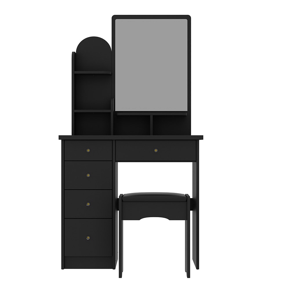  V-KF210106-06 Vanity Desk with Mirror Makeup Vanity with 5 Drawers and Shelves Dressing Table with Cushion Stool Makeup Desk for Bedroom Crystal Handles Black