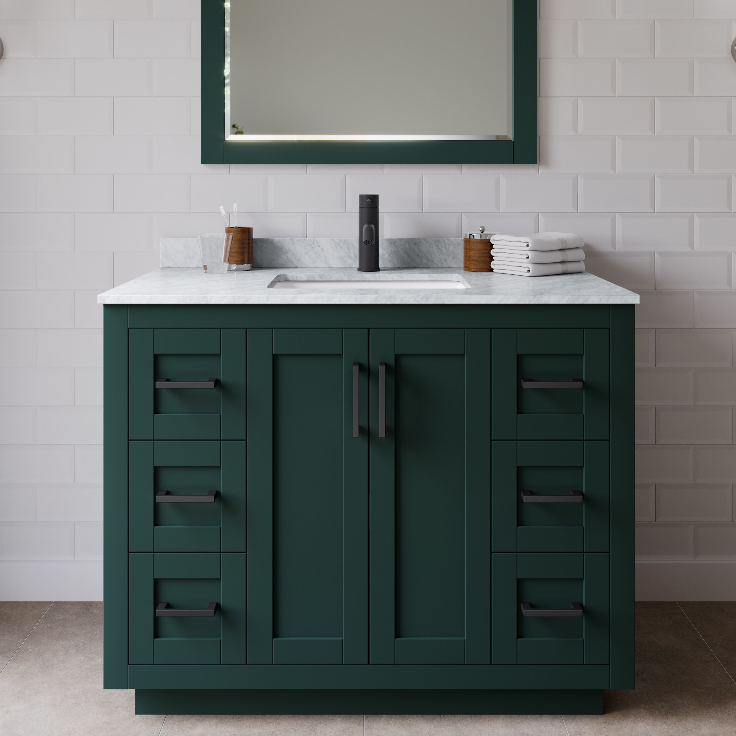 Wyndham Collection WCF292942SGKCMUNSM34 Miranda 42-in Green with Matte Black Trim Undermount Single sink Bathroom Vanity with White Carrara Marble Marble Top (Mirror Included)