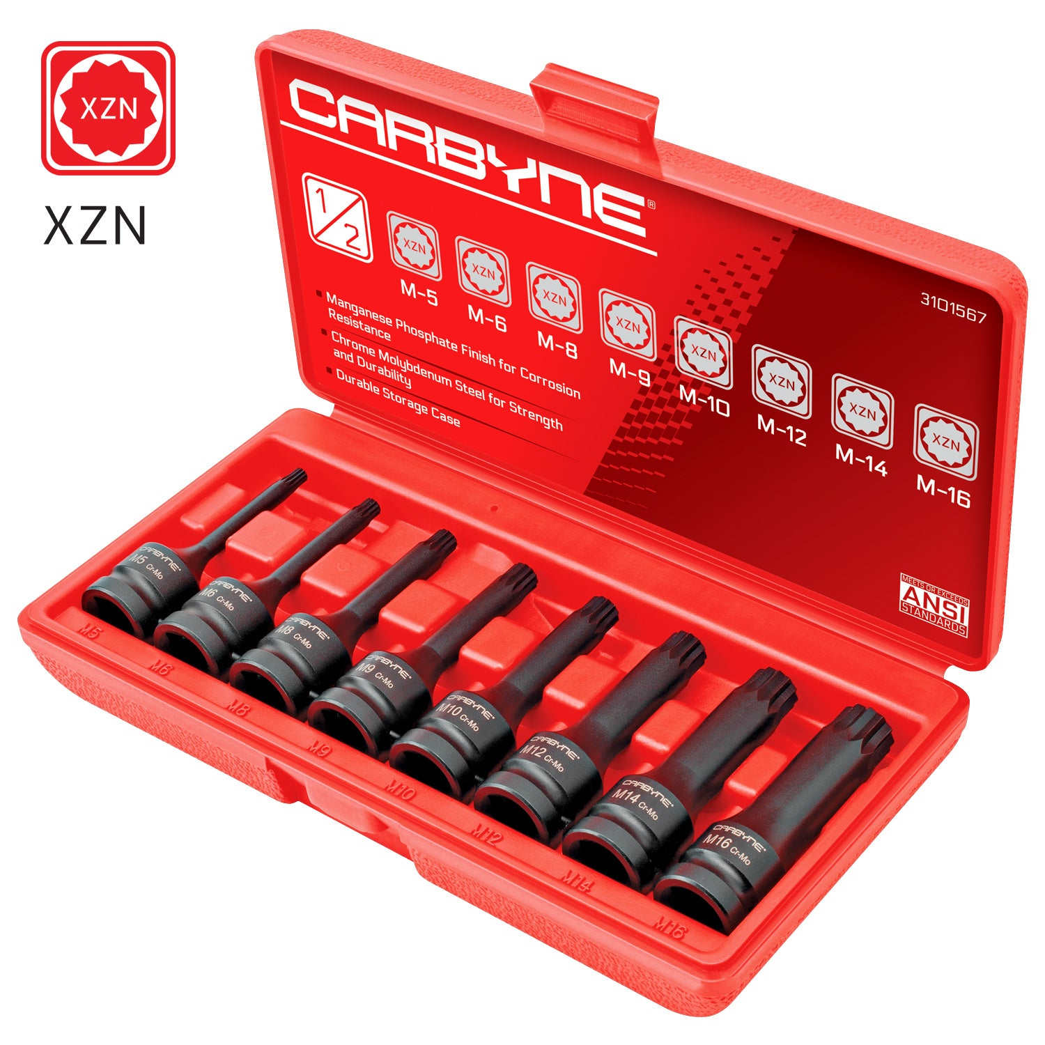 CARBYNE  8 -Piece XZN Triple Square Impact Bit Socket Set 12 Point M5 to M16 1/2 in Drive CrMo Steel Manganese Phosphate Finish for European Vehicles