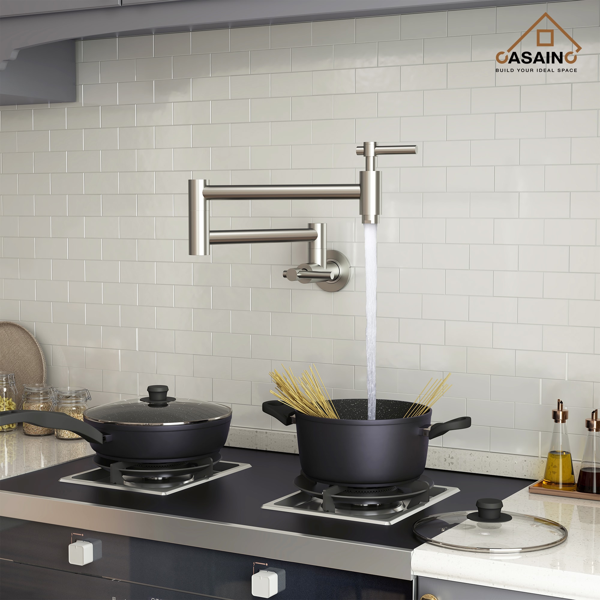 CASAINC CASA02GP25MB Brushed Nickel Double Handle Wall-mount Pot Filler Kitchen Faucet