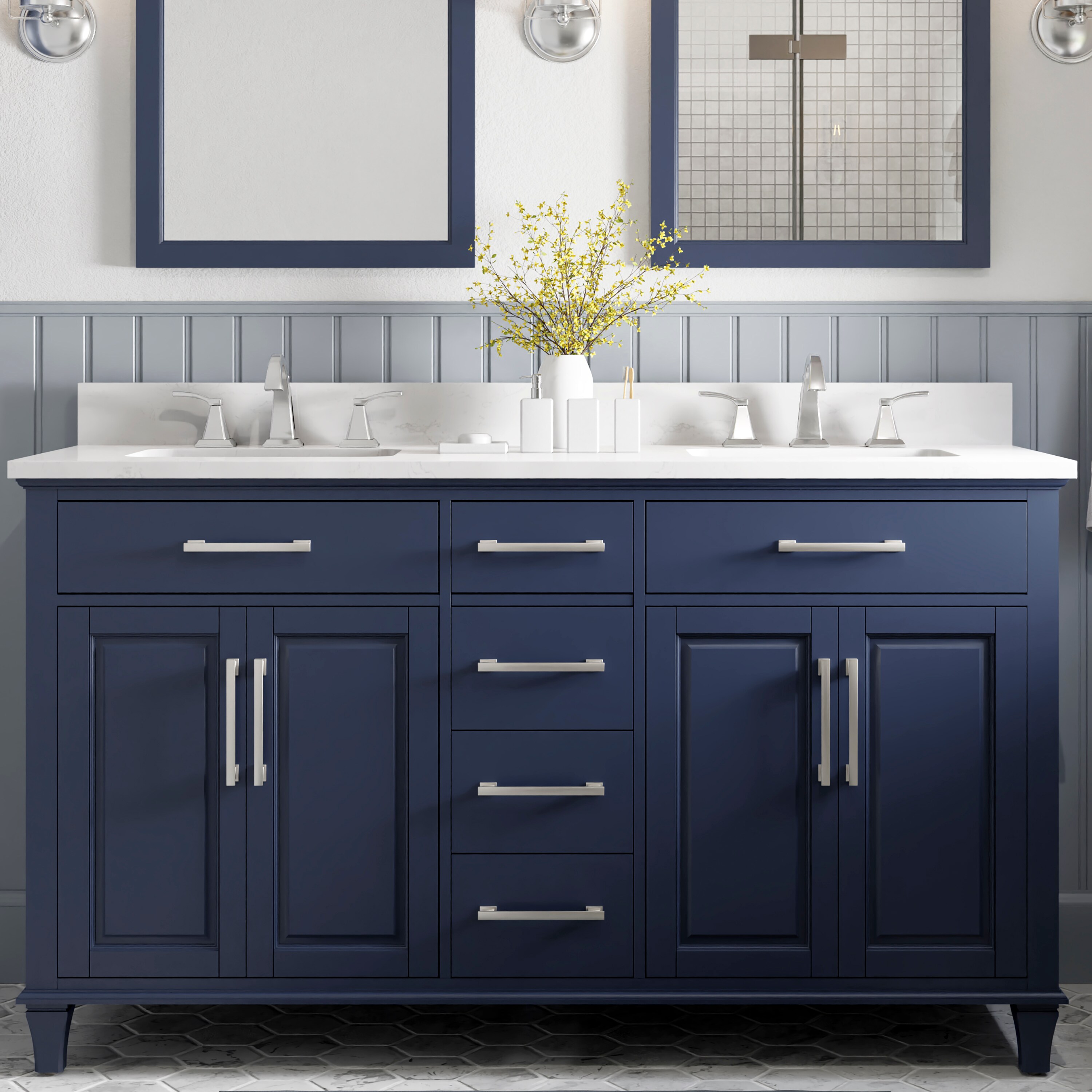 allen + roth Brookview 36-in Slate Blue Undermount Single Sink Bathroom  Vanity with Carrara Engineered Marble Top at