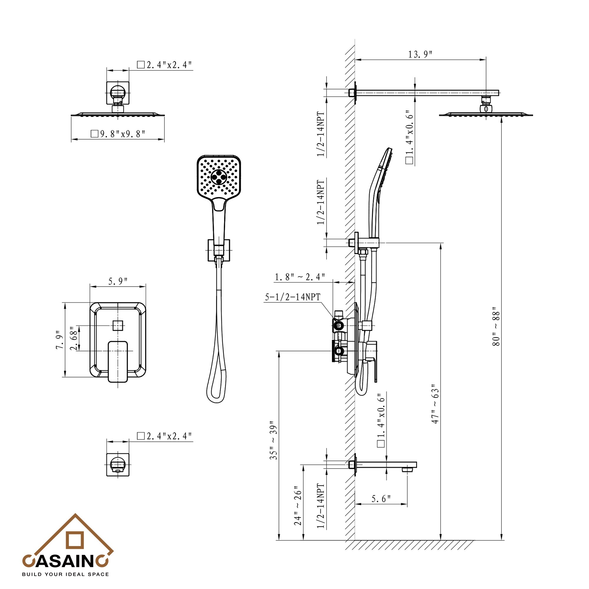 CASAINC OY-93A1203-MB Showerhead-Bar-Panels - View #9