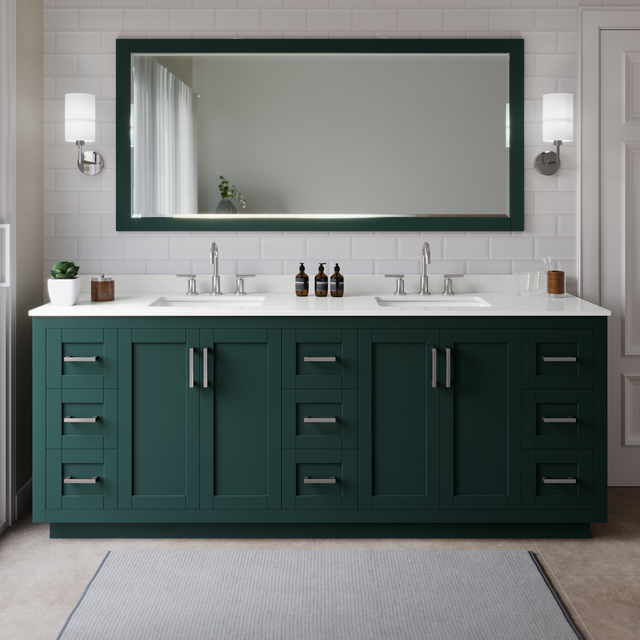 Wyndham Collection WCF292984DGEWQUS3M70 Miranda 84-in Green Undermount Double Sink Bathroom Vanity with White Quartz Top (Mirror Included)