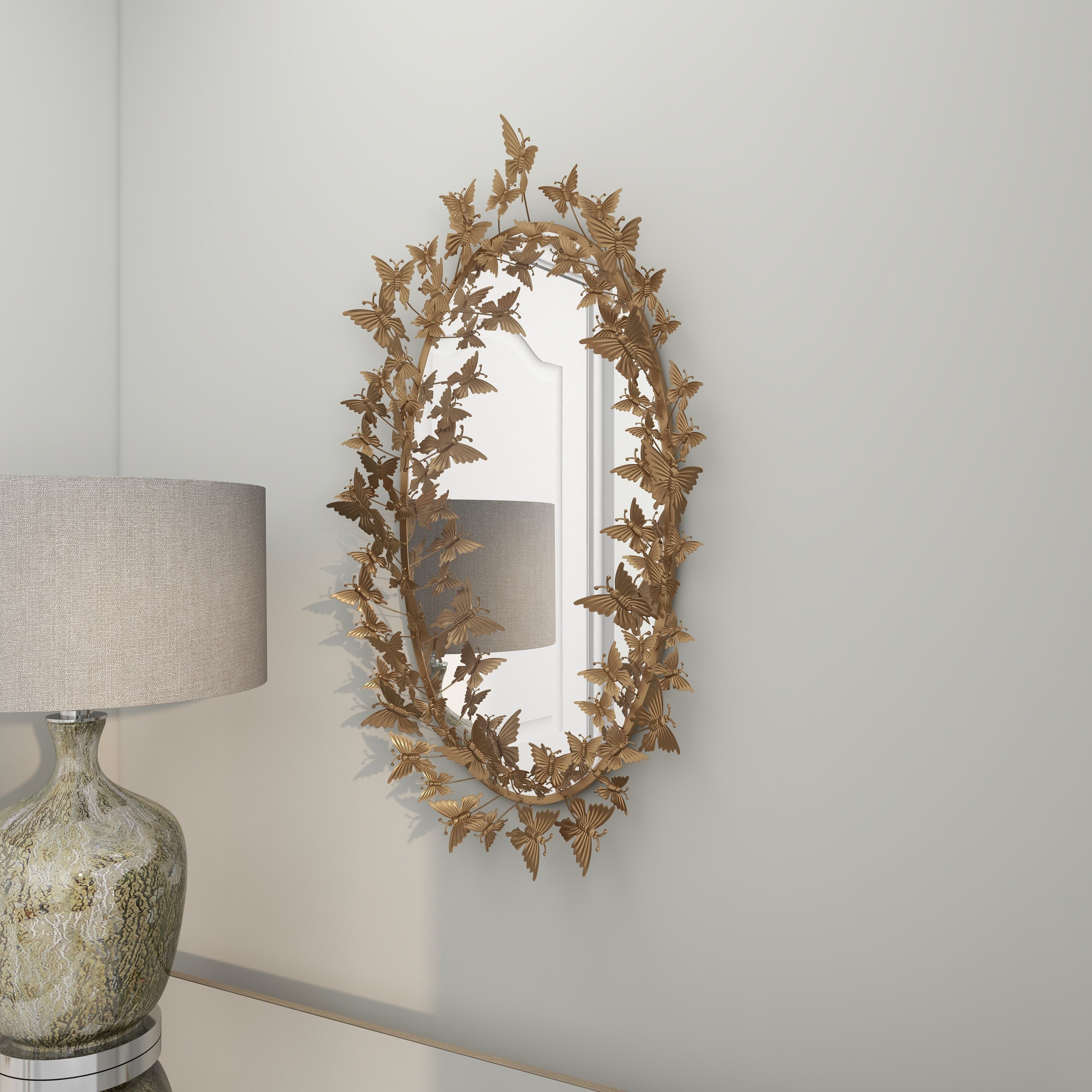 Gold Oval Wood Butterfly Wall Mirror, 19" x 33"
