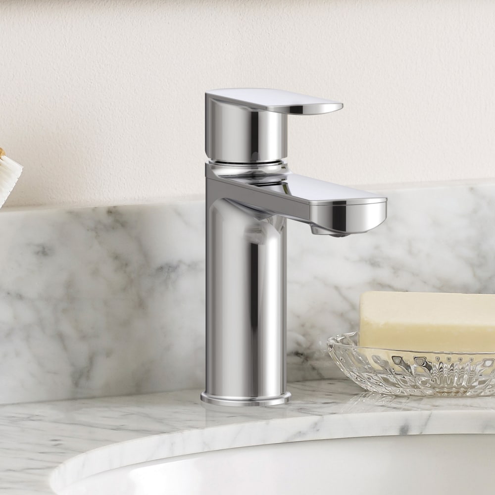 allen + roth FS6A0282CP Candace Chrome Single hole 1-handle WaterSense High-arc Residential Handle Bathroom Sink Faucet with Drain with Deck Plate