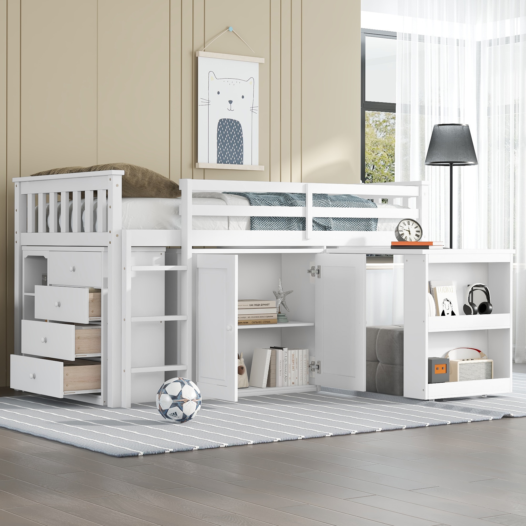 GDFStudio Barretton Farmhouse Solid Rubberwood Loft Bed with Pull-Out Desk Storage Cabinets and Guardrails - Twin - White