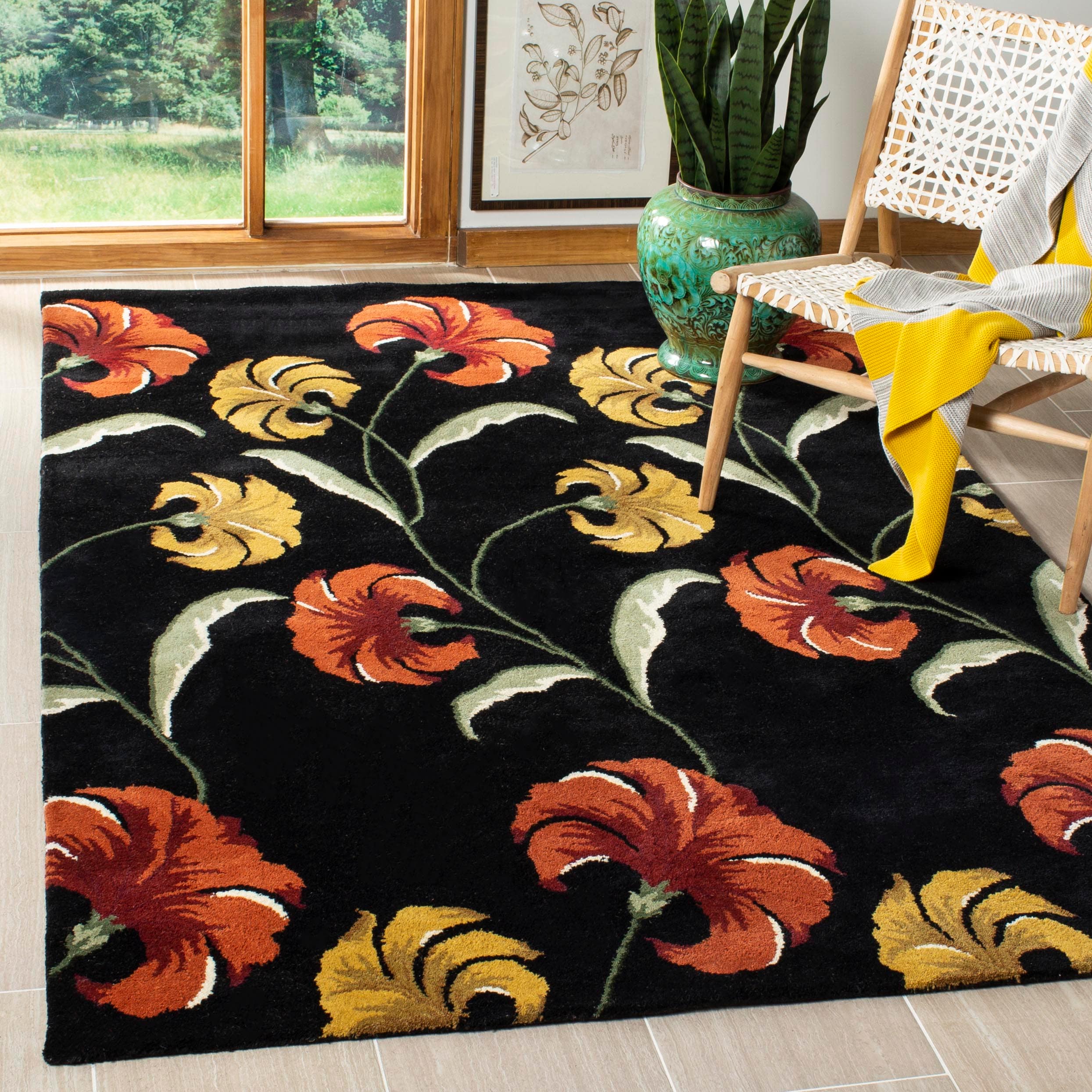 Safavieh SOH767C-6SQ Soho Ryn 6 x 6 (ft) Tufted Wool Black/Multi Square Indoor Floral/Botanical Farmhouse/Cottage Area rug