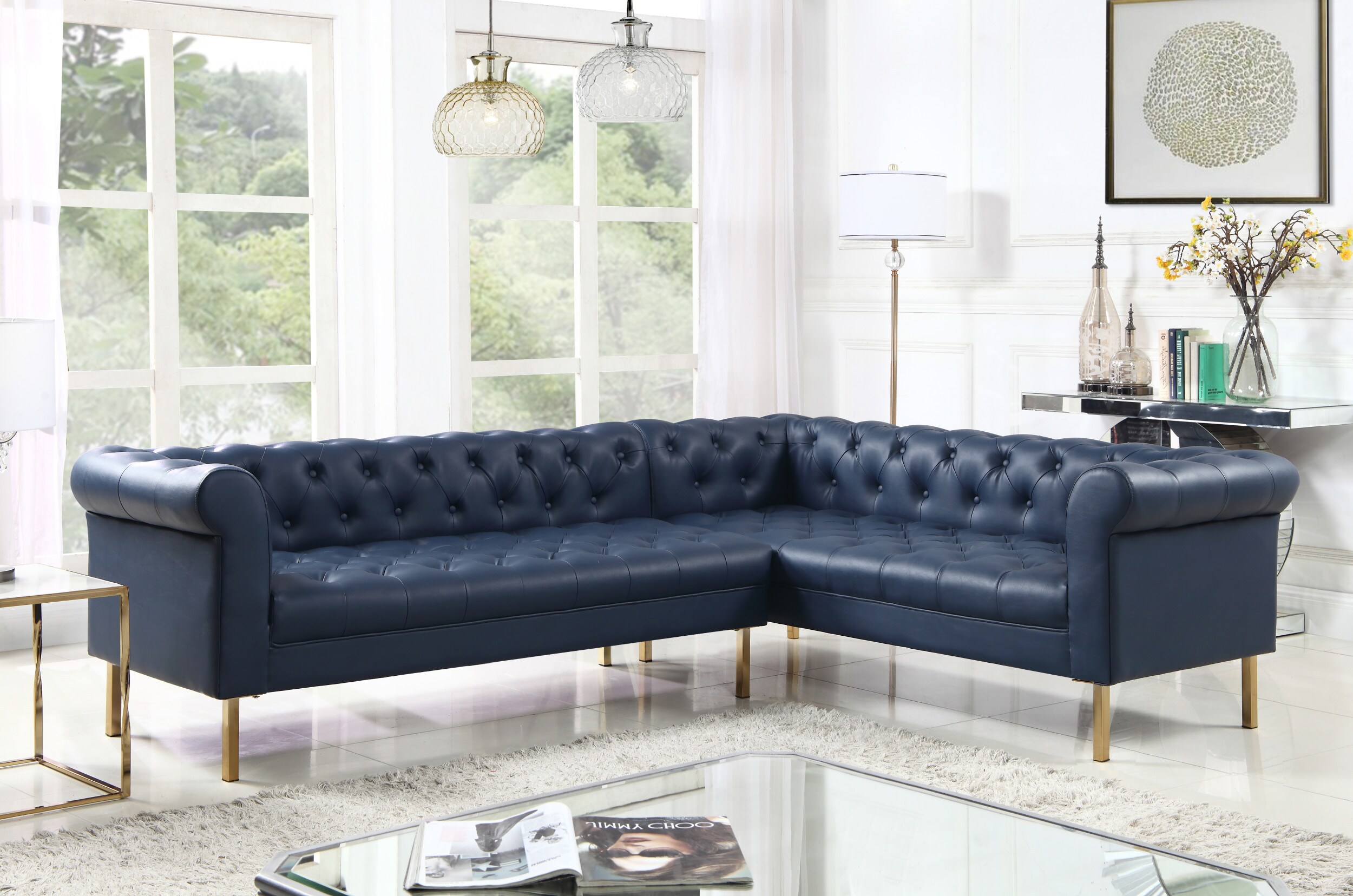 Chic Home Design Giovanni 112.5-in Modern Navy Faux Leather 4-seater ...