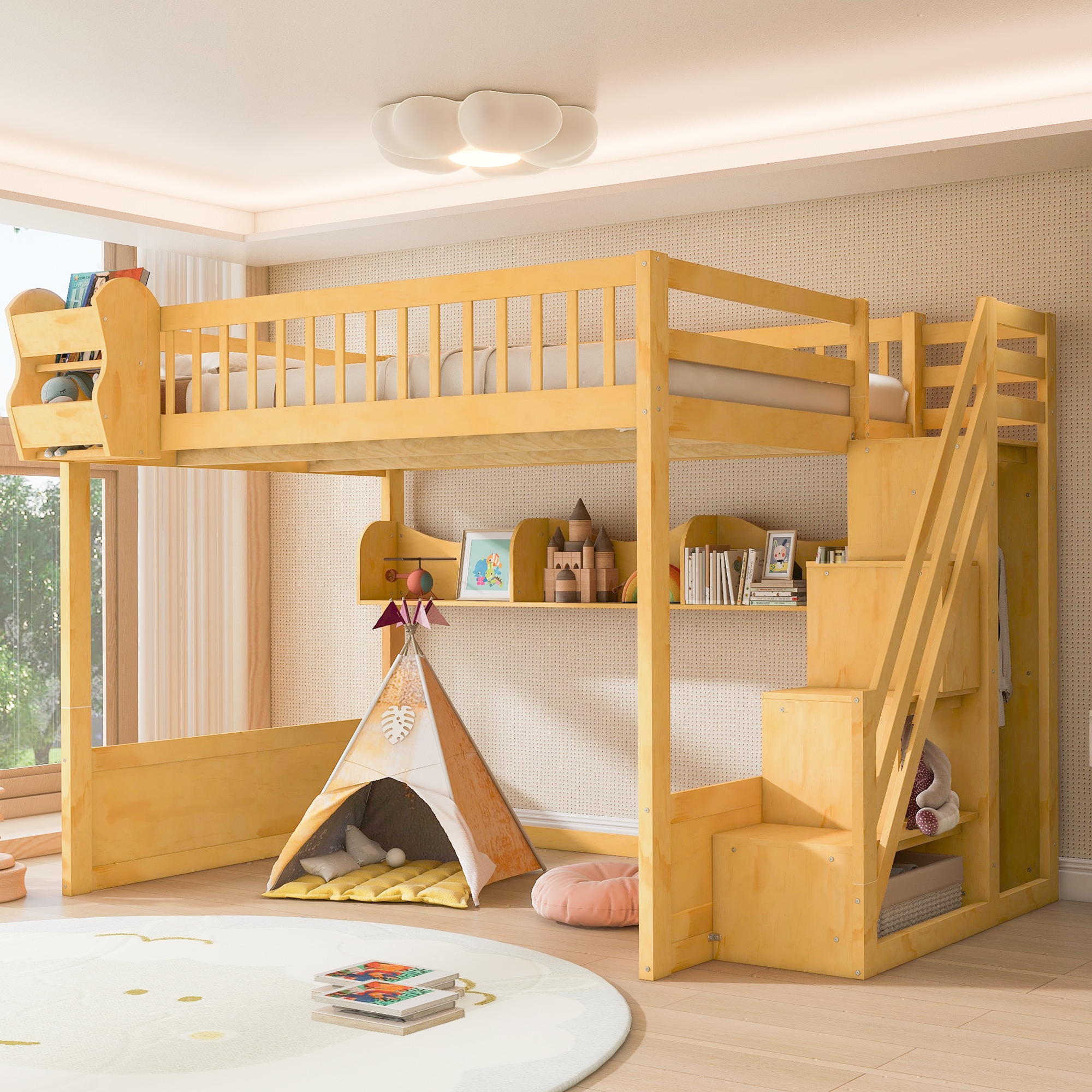 GDFStudio Queen Size Wooden Loft Bed with Staircase Wardrobe in Natural Loft Bed with Shelves Multi-Use Under-Bed Zone