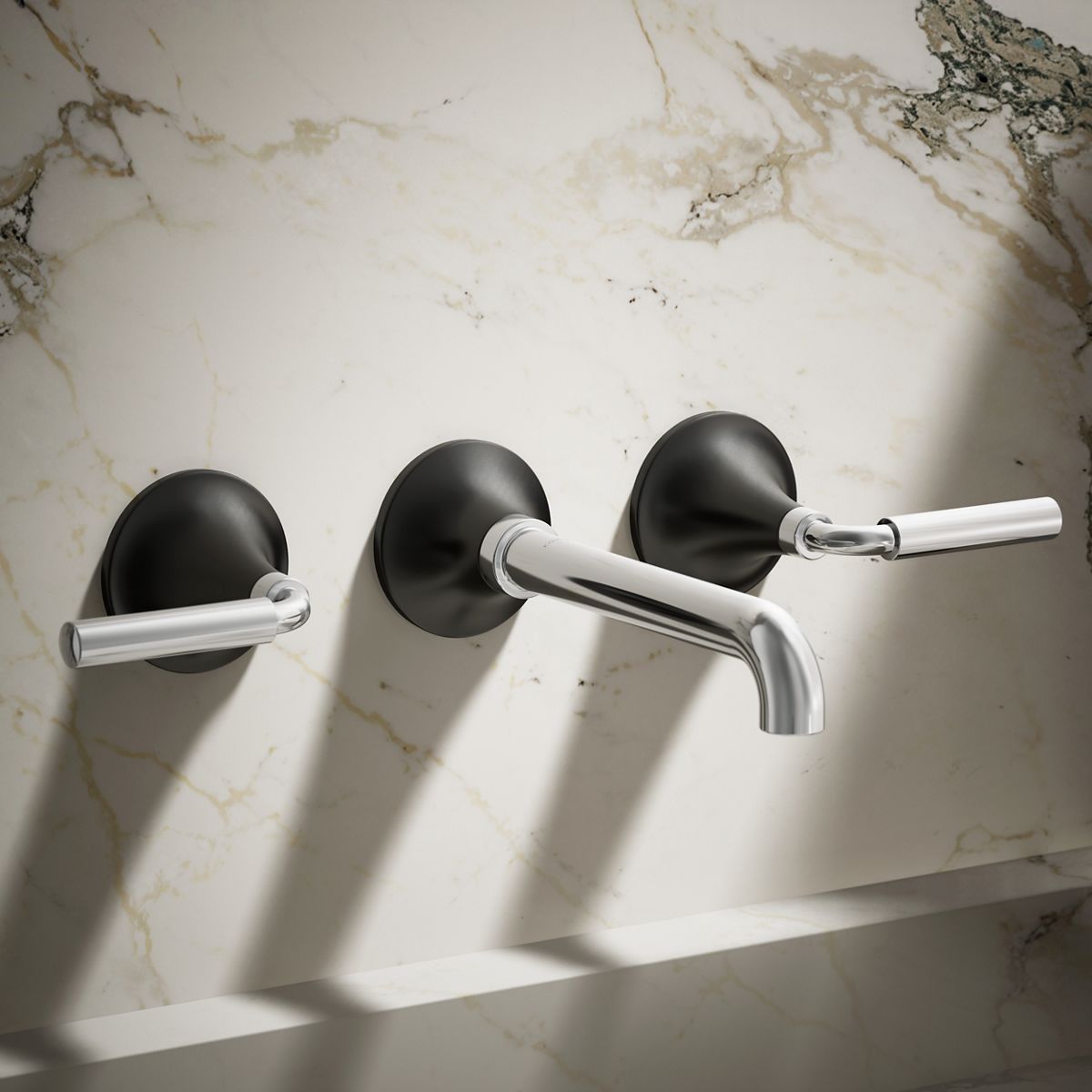 KOHLER T26439-4-CBL Tone Polished Chrome with Matte Black Wall-mount 2-handle WaterSense Low-arc Residential Handle Bathroom Sink Faucet