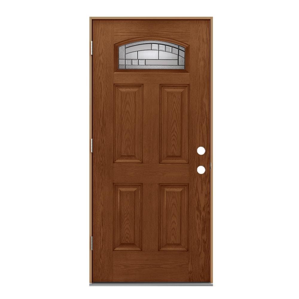 JELD-WEN LOWOLJW232300022 36-in x 80-in x 4-9/16-in Fiberglass 1/4 lite Right-hand outswing Hazelnut Stained Prehung Front Door Insulating core