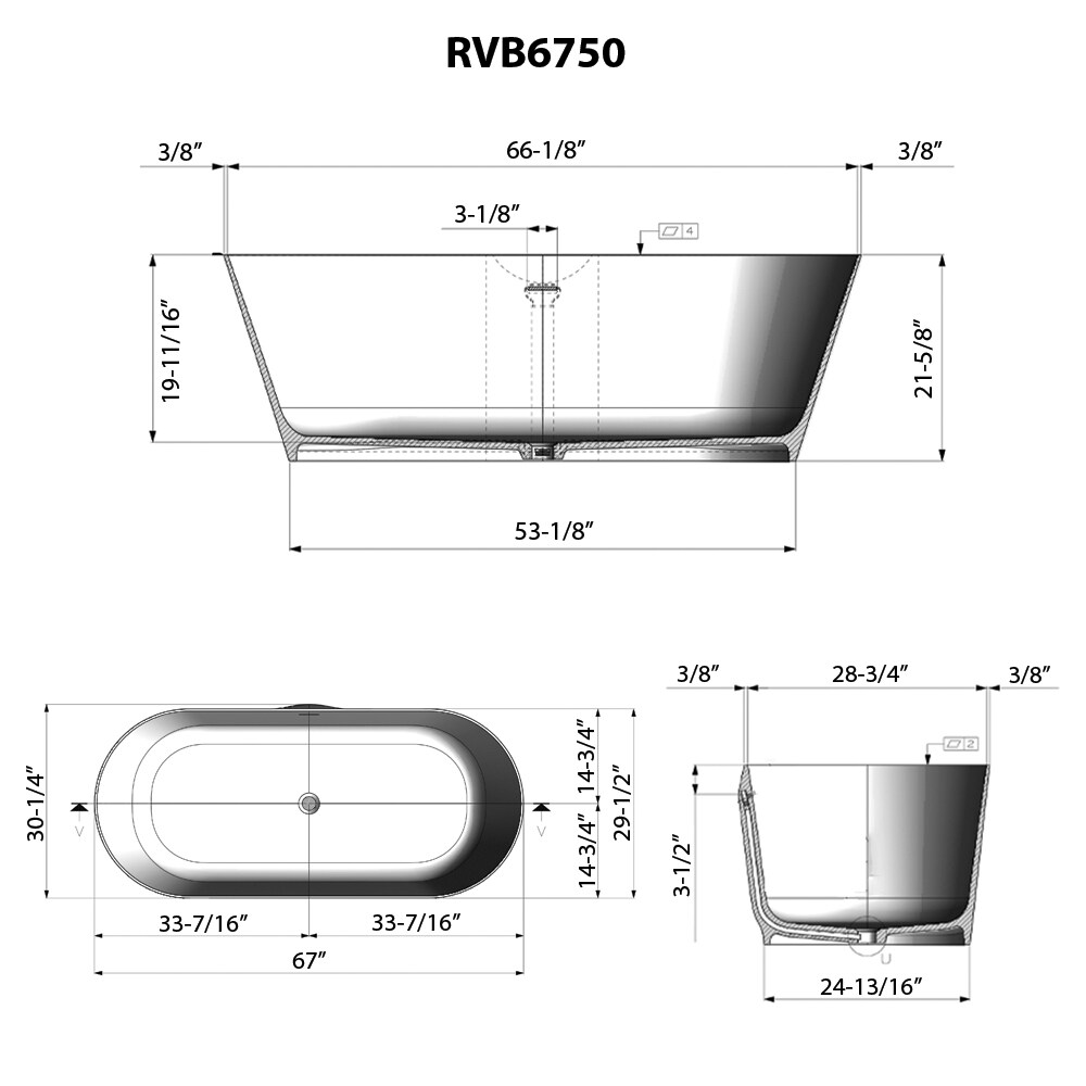 Ruvati 67-Inch Matte White Solid Surface Freestanding Oval Bath Tub