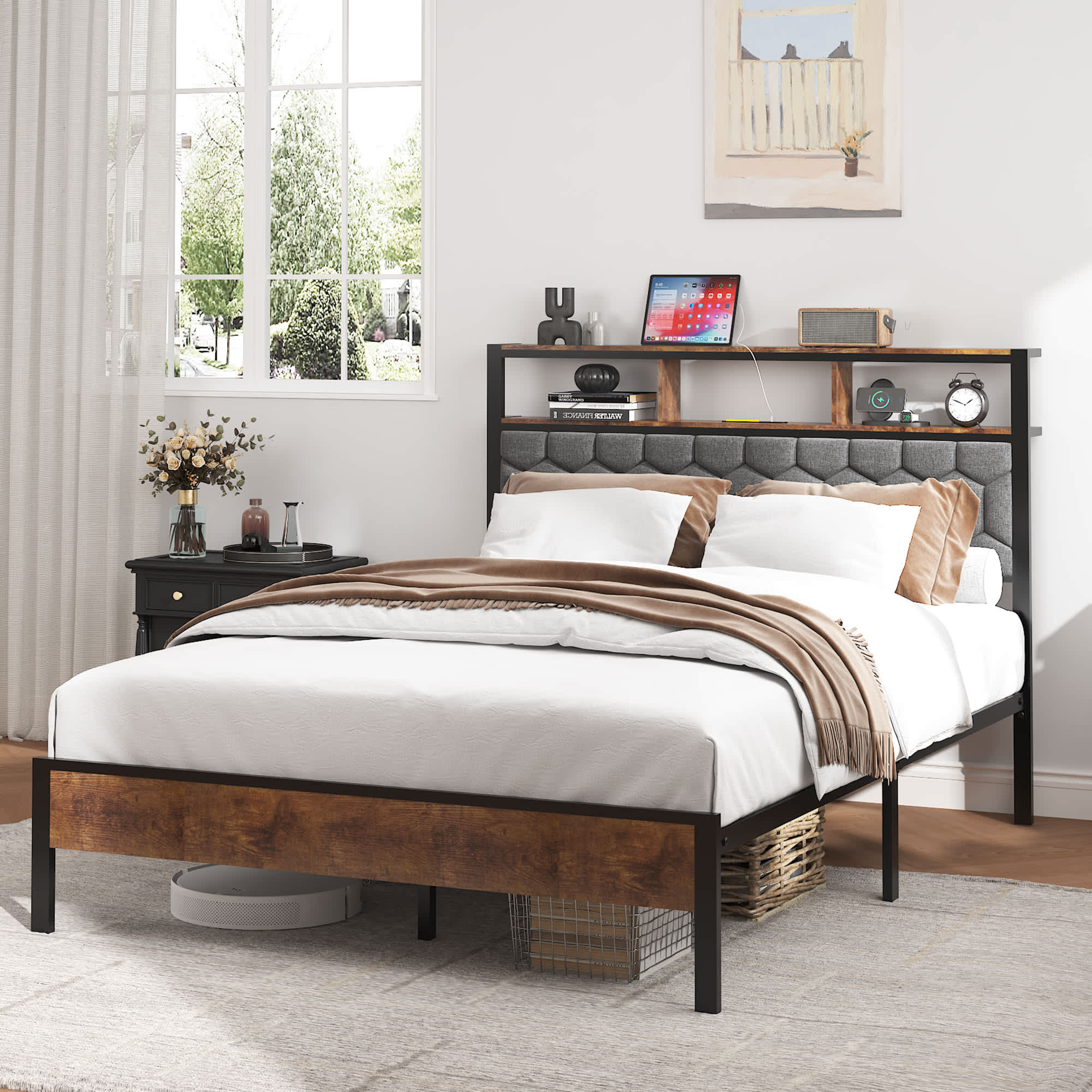 Vynxaria Full Size Wooden Platform Bed Frame Brown Upholstered Headboard  Vintage Shelf Large Under Bed Storage Noise Free No Box Spring in the Beds  department at Lowes.com, image size:900x900
