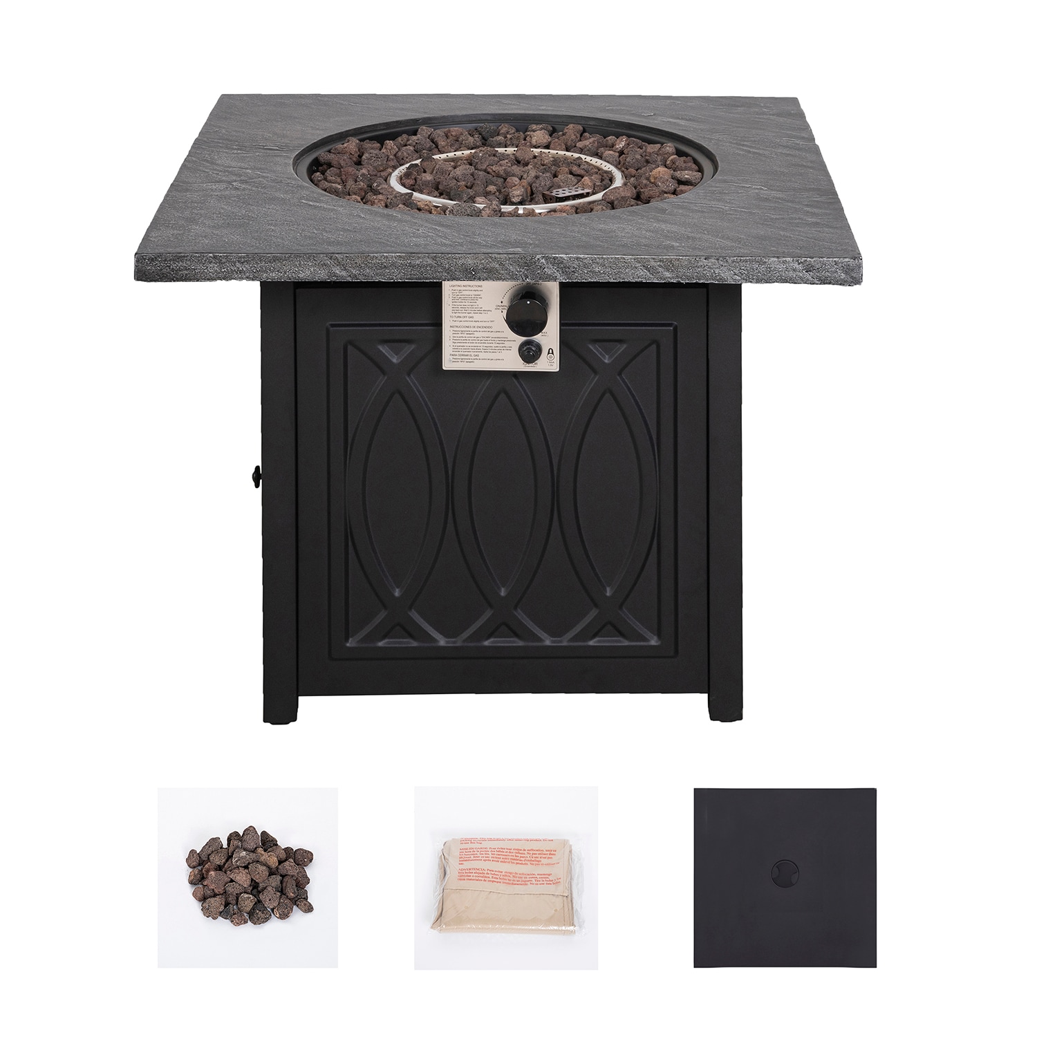 GZMR GZ-1104FOP020 Fire Pits Table 32-in W 50000-BTU Black Portable Iron Square Tabletop Propane Gas Fire Pit Table