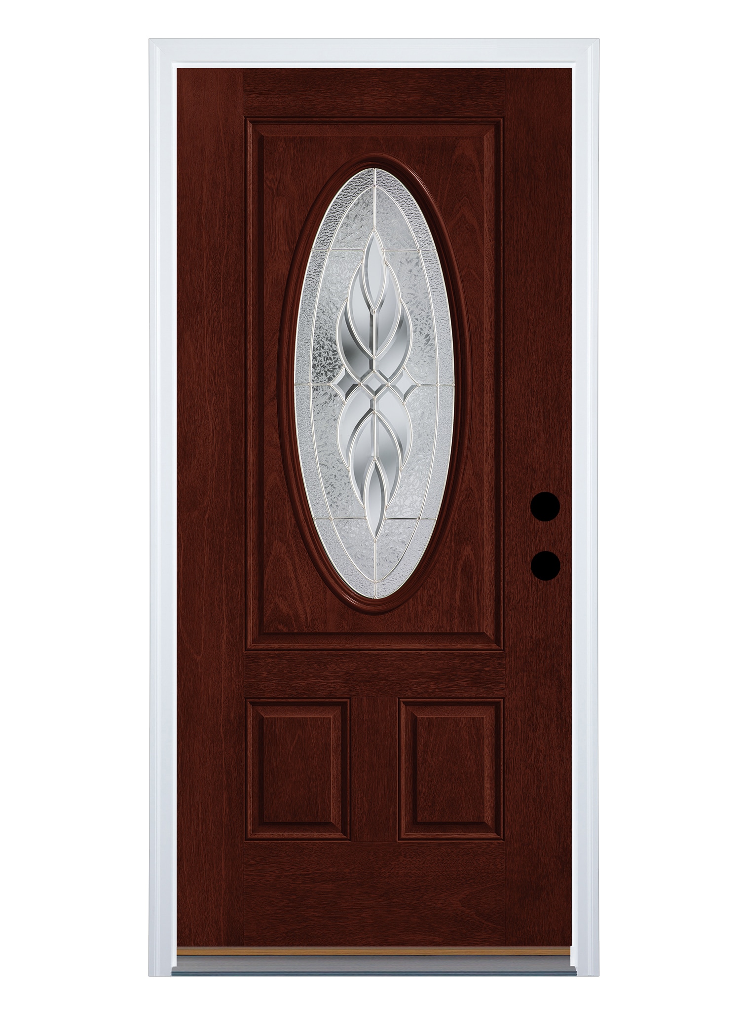 Therma-Tru Varissa 36-in x 80-in x 4-9/16-in Fiberglass Oval Lite Left-Hand Inswing Mahogany Stained Prehung Front Door with Brickmould Insulating -  TTB638831