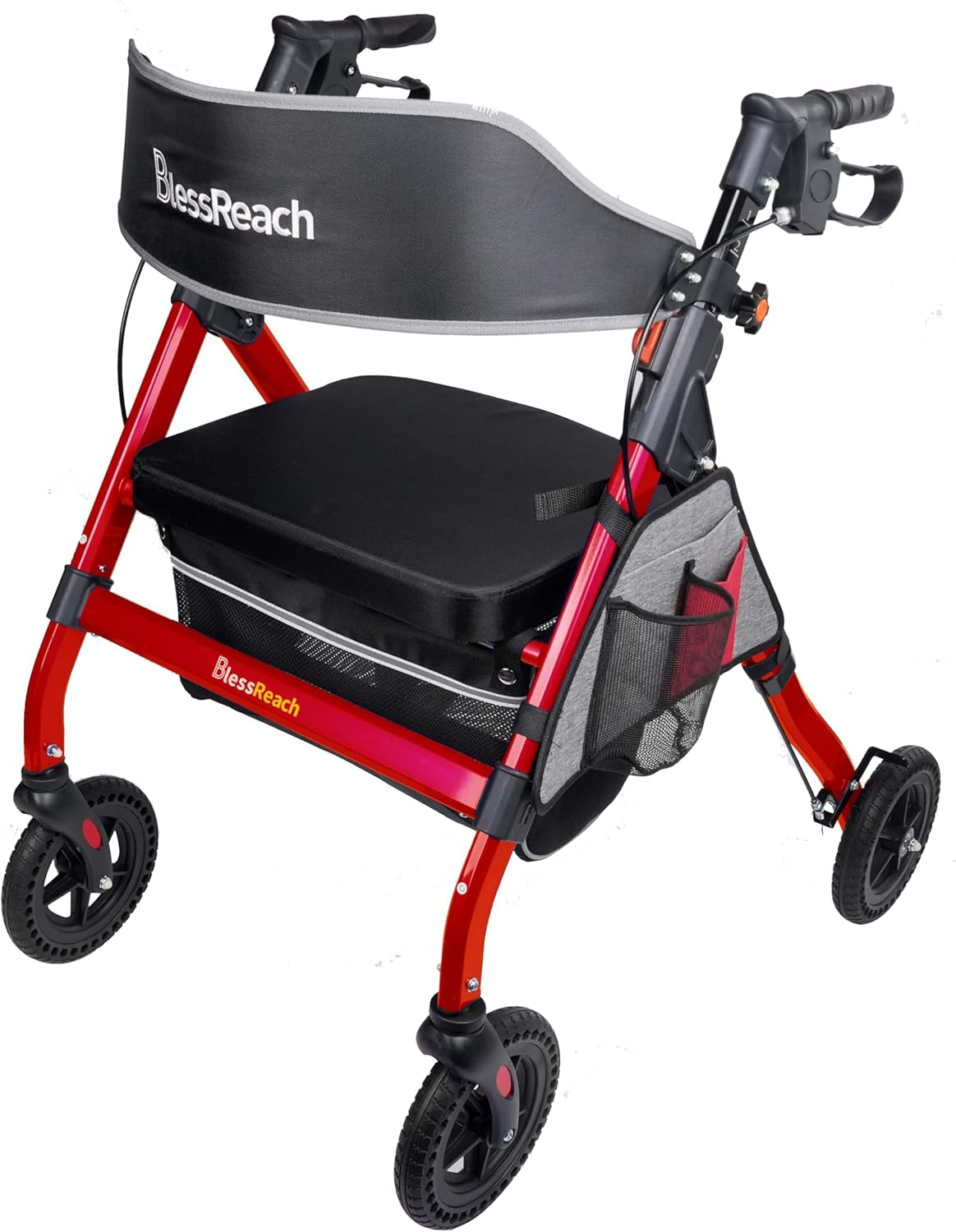 Runesay HBSCT04-07 Red Aluminum Heavy Duty Rollator Walker Rolling Walker For Seniors and Adults with Large Seat, Support Up 450 Lbs