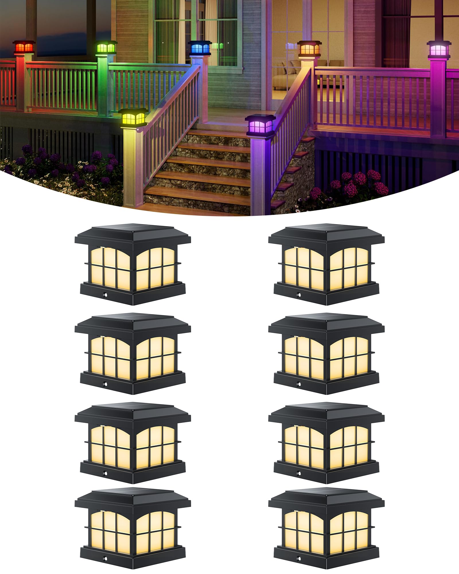 MOEPISY Solar Post Cap Lights 8 Pack 9 Color 3 Mode LED Outdoor Lighting 20 Lumens IP54 Waterproof ABS PC Black for 4x4 Wood and Vinyl Posts Fence Deck Patio Garden