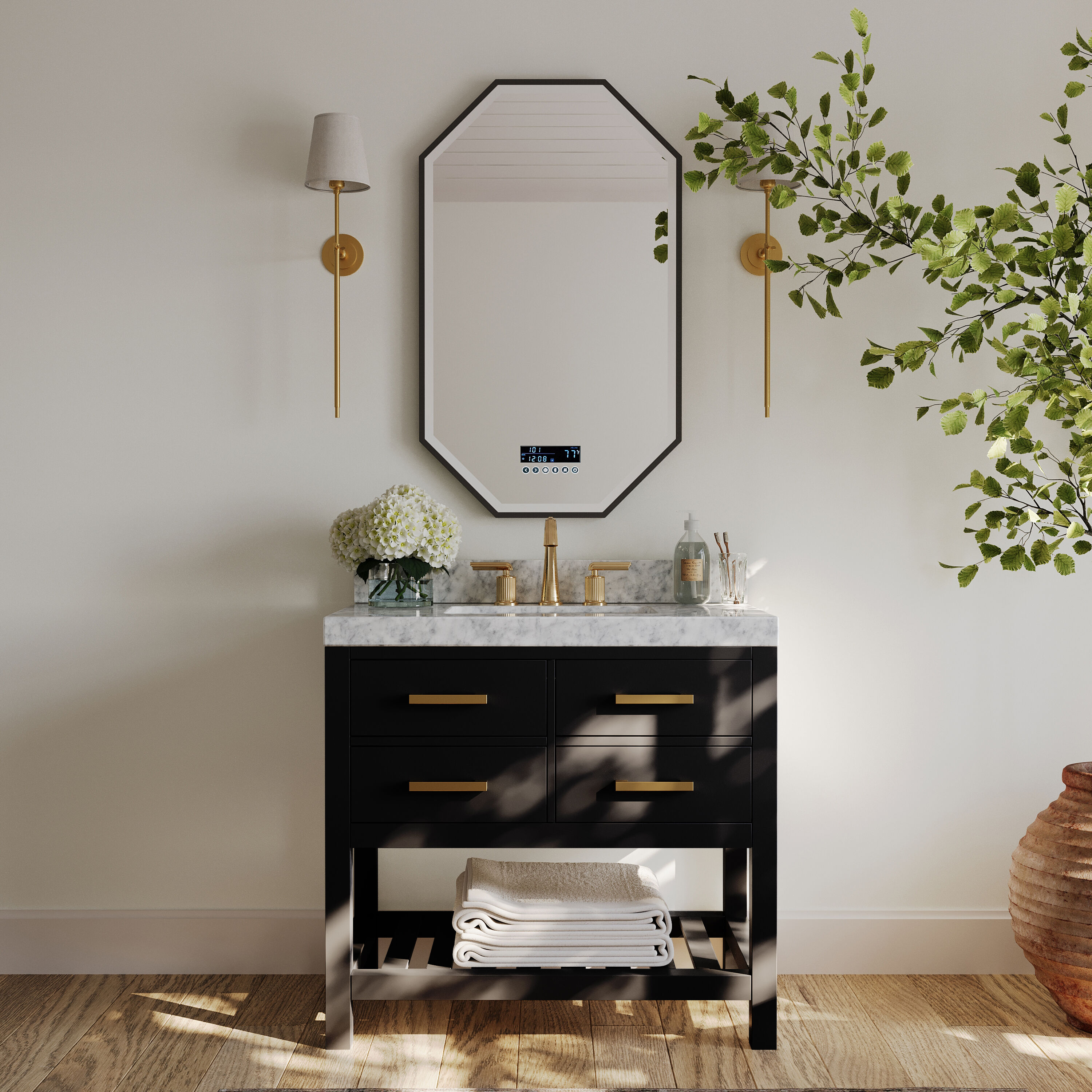 Ancerre Designs VTSELIZABETH36BOCWGD Elizabeth 36-in Black Onyx Undermount Single sink Bathroom Vanity with Carrara White Natural marble Top