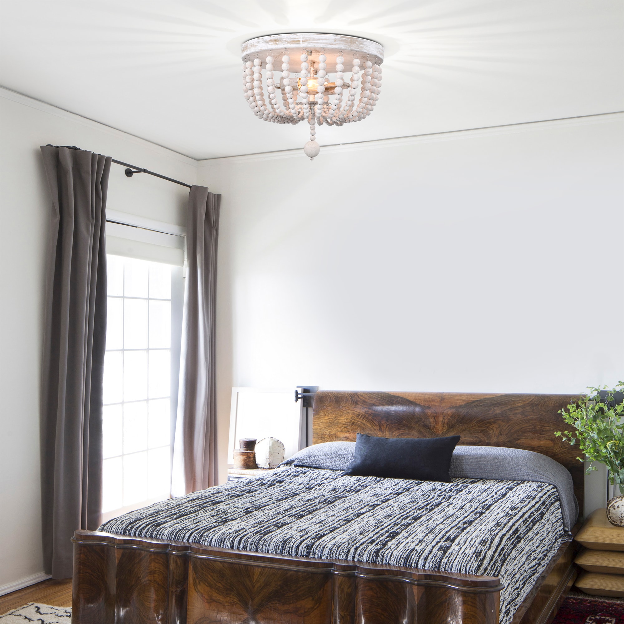 Matte Gold and Weathered White Beaded Bowl Flush Mount Light