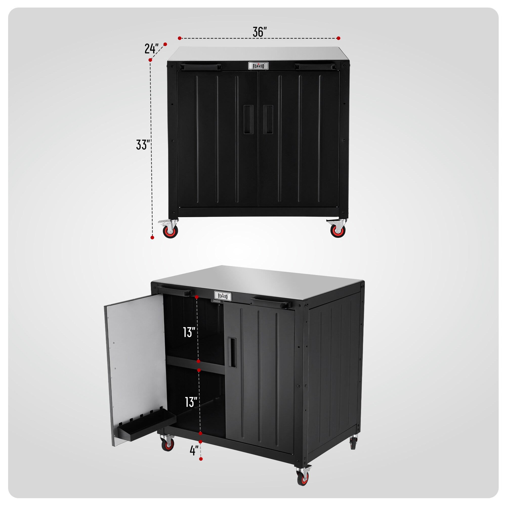 Feasto Black Stainless Steel Outdoor Grill Cart with Storage Cabinet