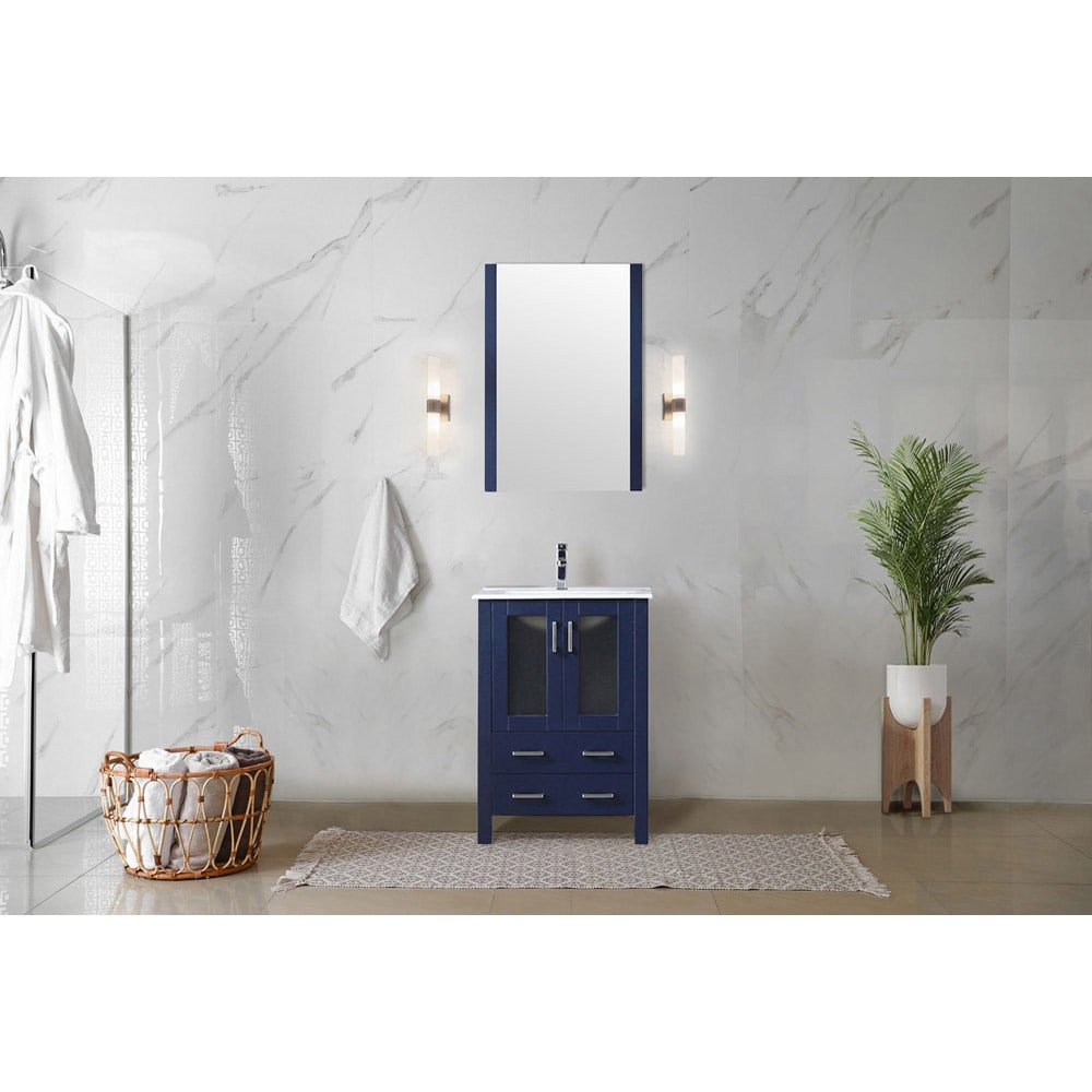 Volez 24-in Navy Blue Single Sink Bathroom Vanity with White Ceramic Top (Mirror and Faucet Included) | - Lexora LV341824SEESM22F