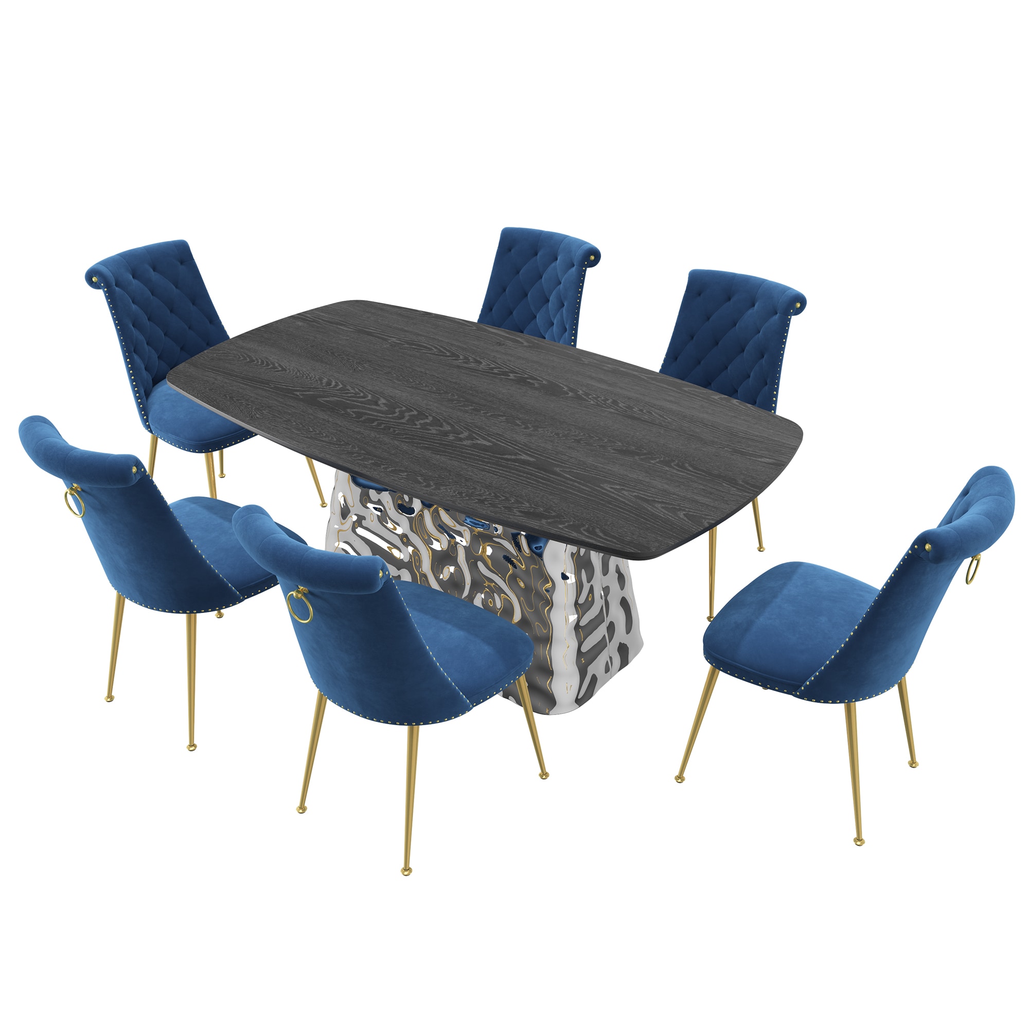 Clihome CL-1676D703NY Navy Chair/Black Table Contemporary/Modern Dining Room Set with Rectangular Table ( Seats 6 )