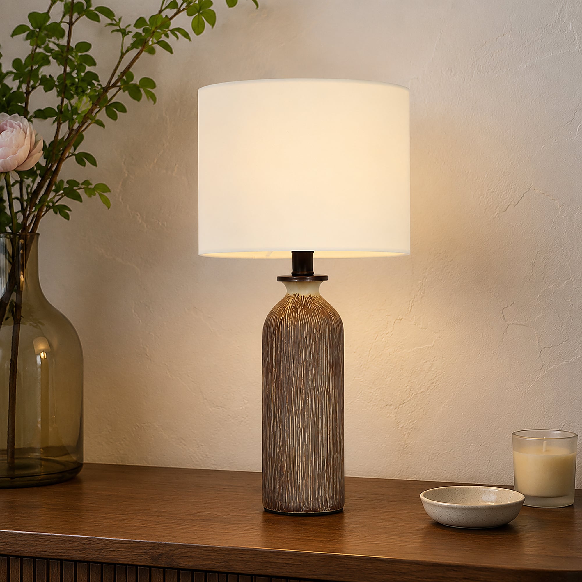 LNC  Terran 18.7-in Brown Wood Grain Ceramic Bedside Table Lamp with Off-white Fabric Shade
