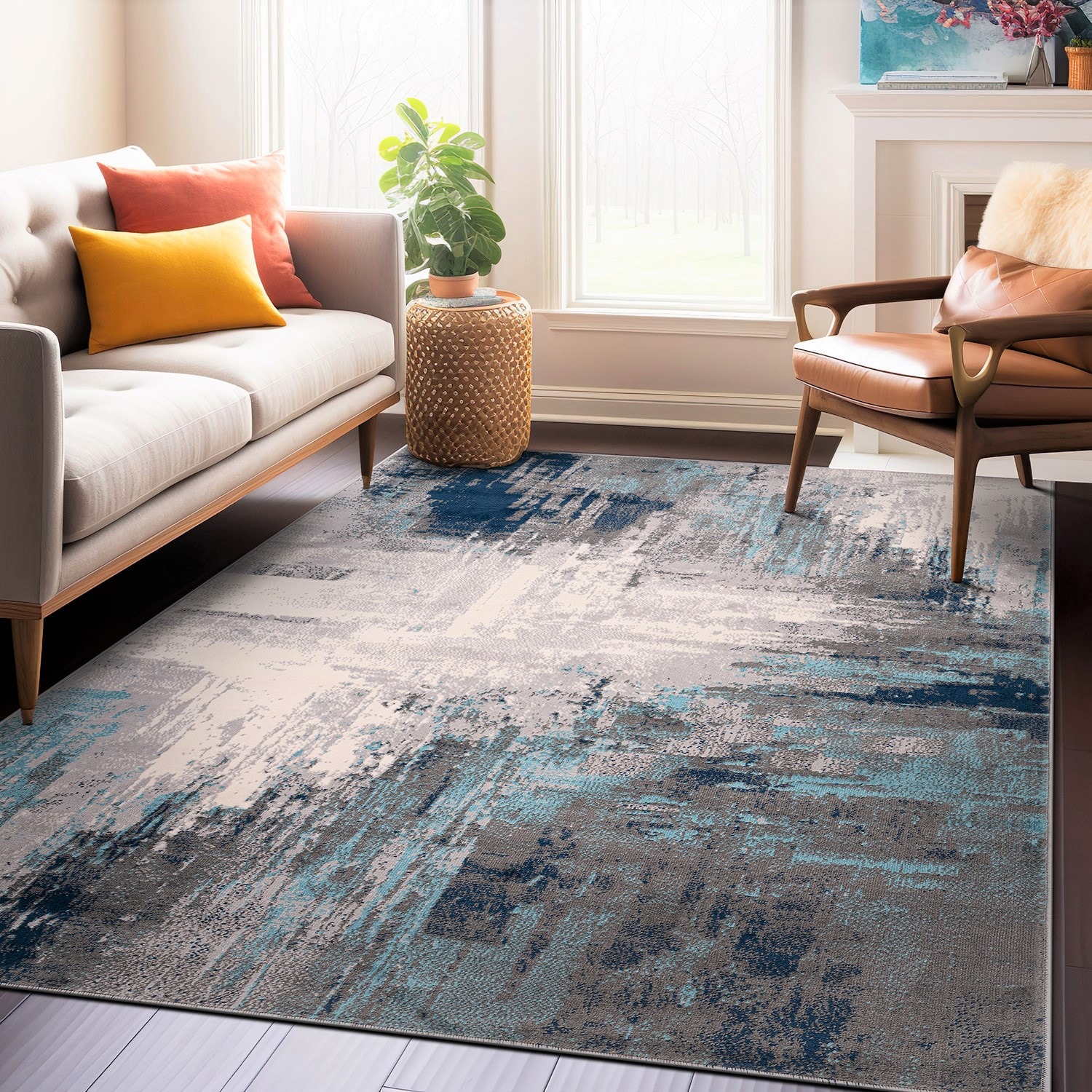 World Rug Gallery 4055BLUE3X5 3 x 5 (ft) Loomed Polypropylene Blue Rectangular Indoor Abstract Vintage Area rug