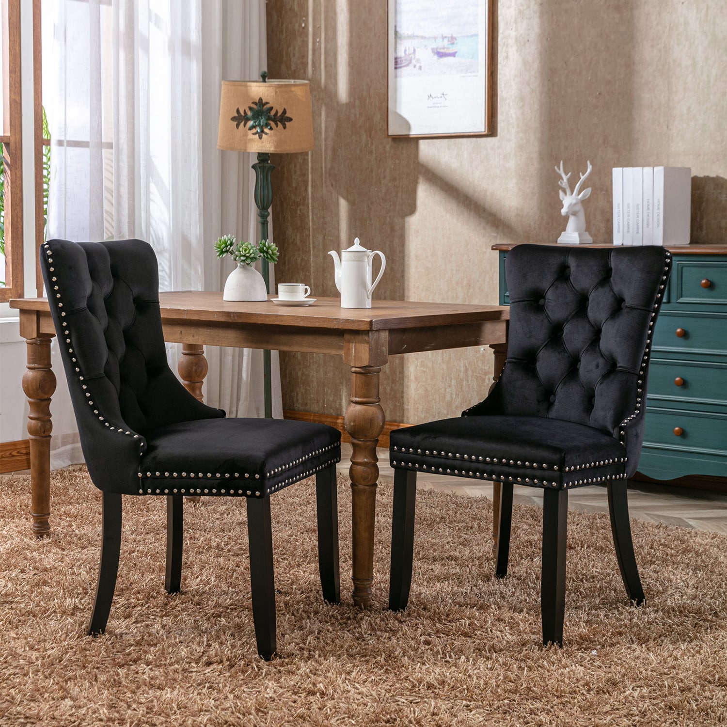 Sumyeg YY0007A-GU Dining Chair Set of Black Dining side chair Upholstered Wood Bar Stool