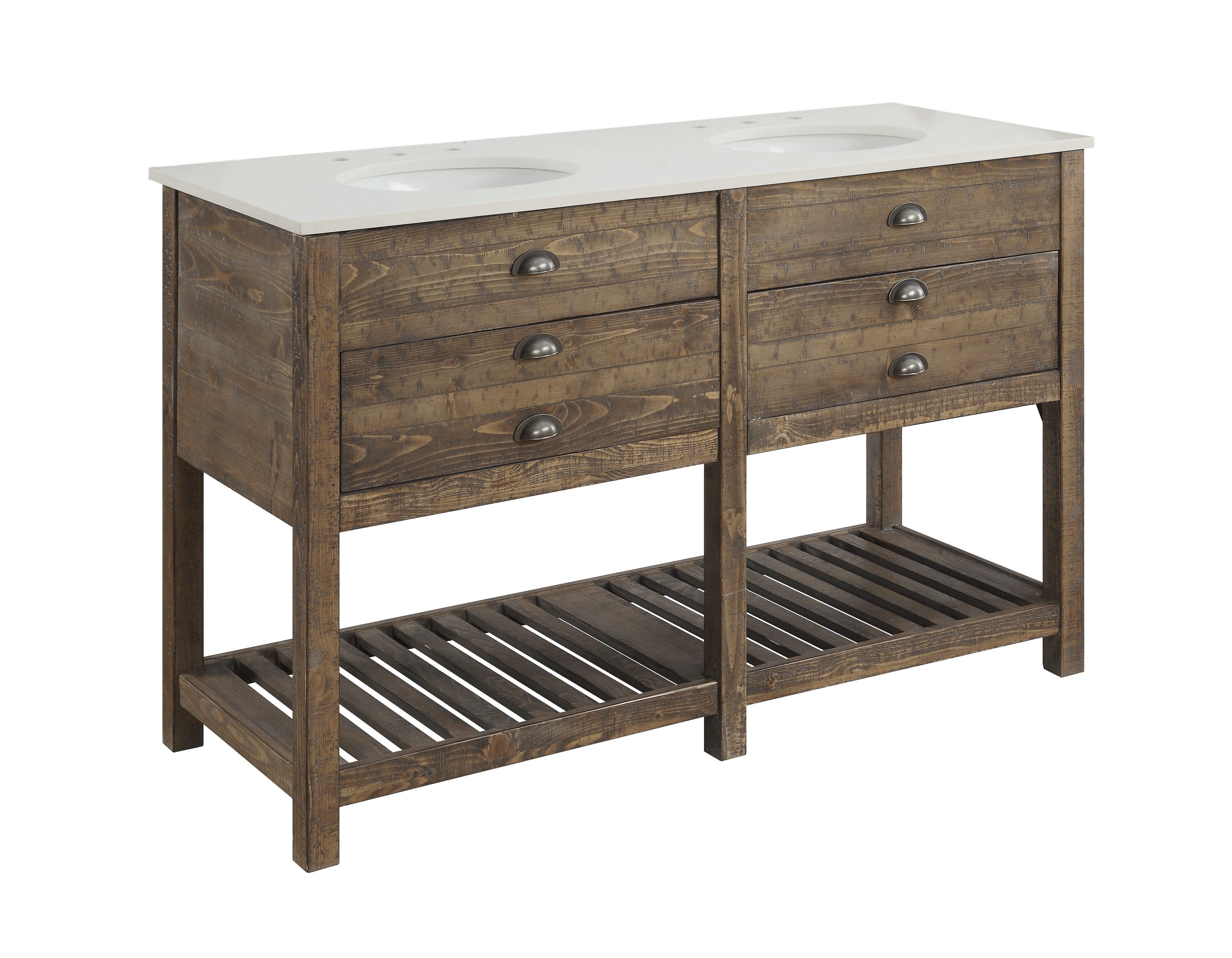 The Mag Barnwood Vanity With Double Farmhouse Apron Sinks And Linen Tower