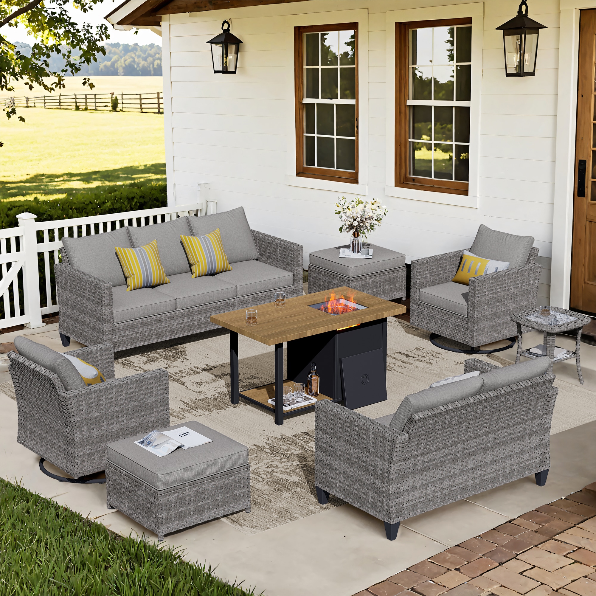 XIZZI XIXSQF2185-RC3DFP Lullaby 8 -Piece Rattan Patio Sofa Conversation Set with Gray Cushions