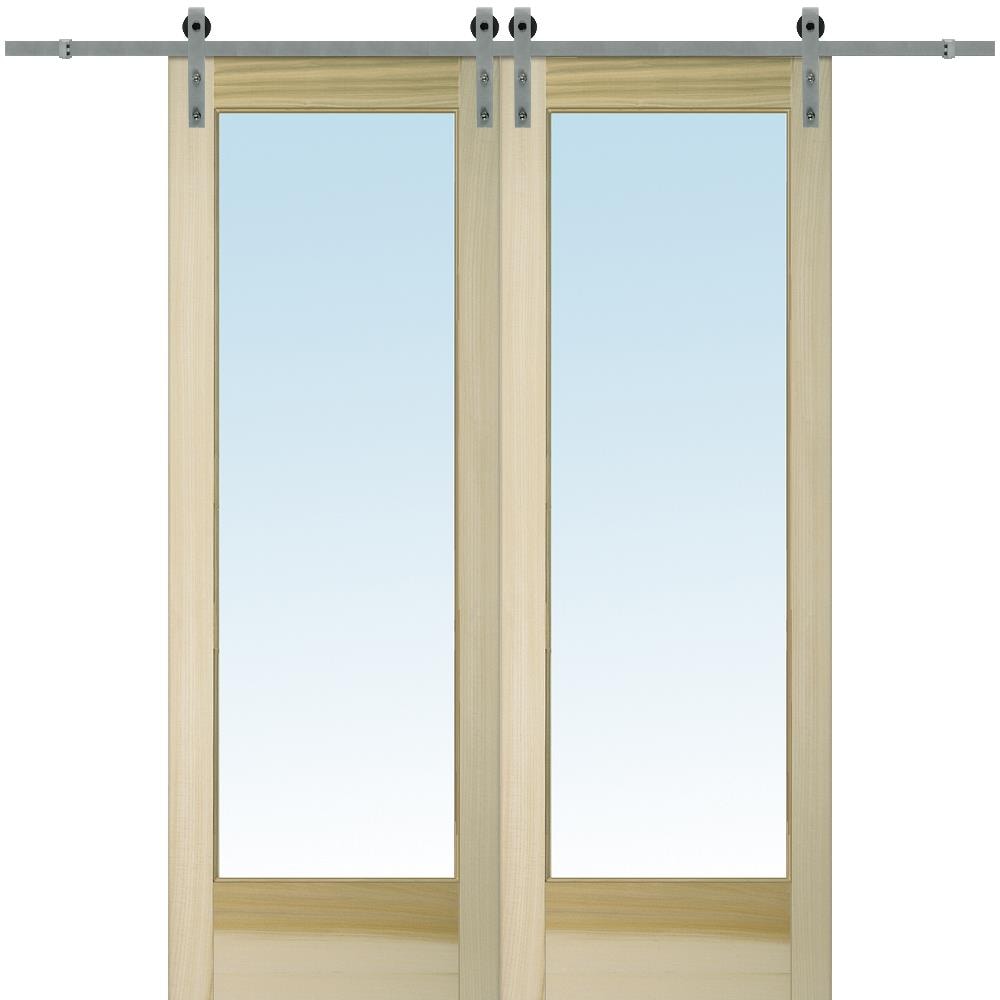 MMI DOOR ZL20189 72-in x 96-in Unfinished Poplar Clear Glass Solid Core Unfinished Poplar Veneer Double Barn Door (Hardware Included)