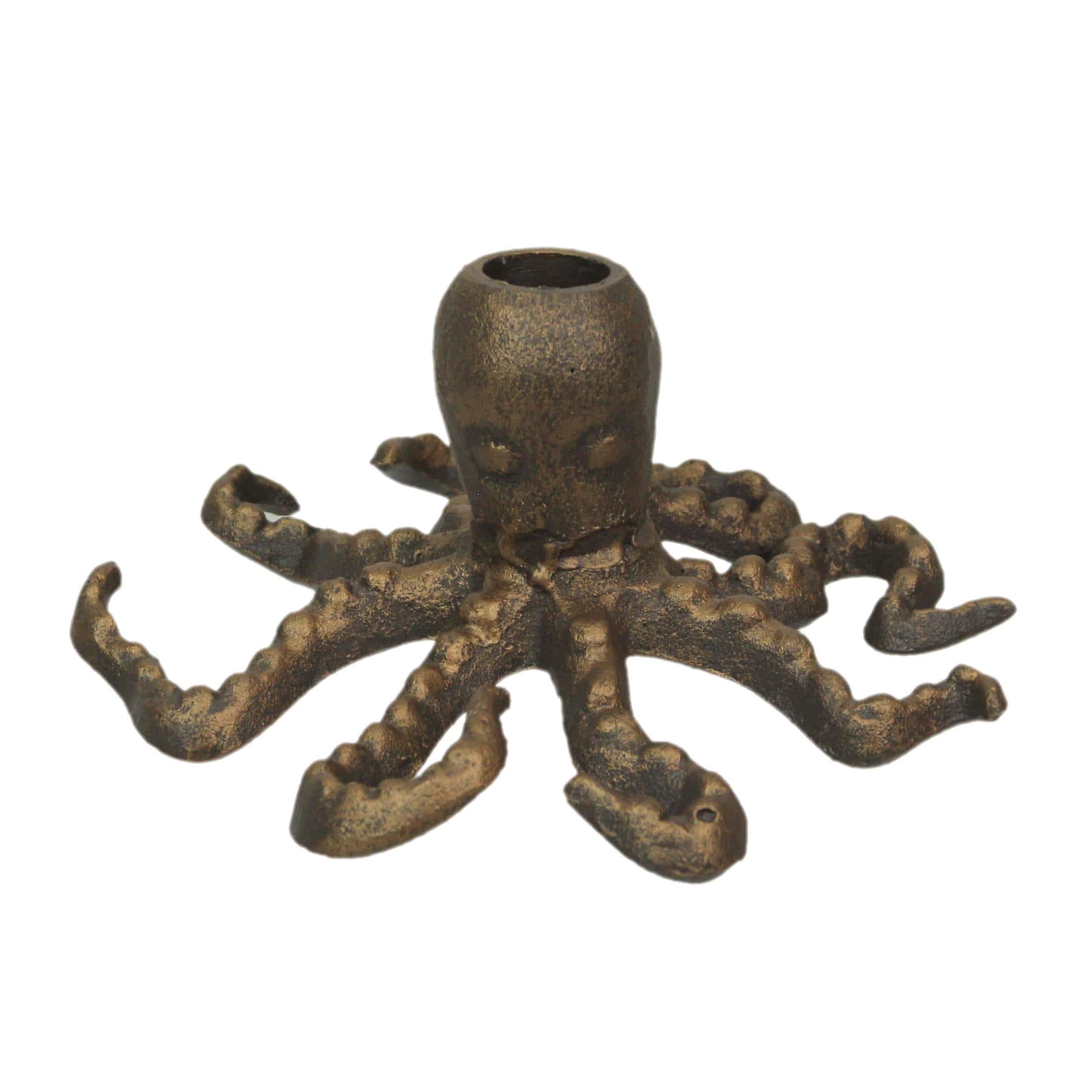 Zeckos ZKO-99396 Octopus Taper Candle Holder - Cast Iron with Antique Gold Finish - 6 Inch Diameter- 3 Inch High - Coastal Decor with Spread Tentacle Base