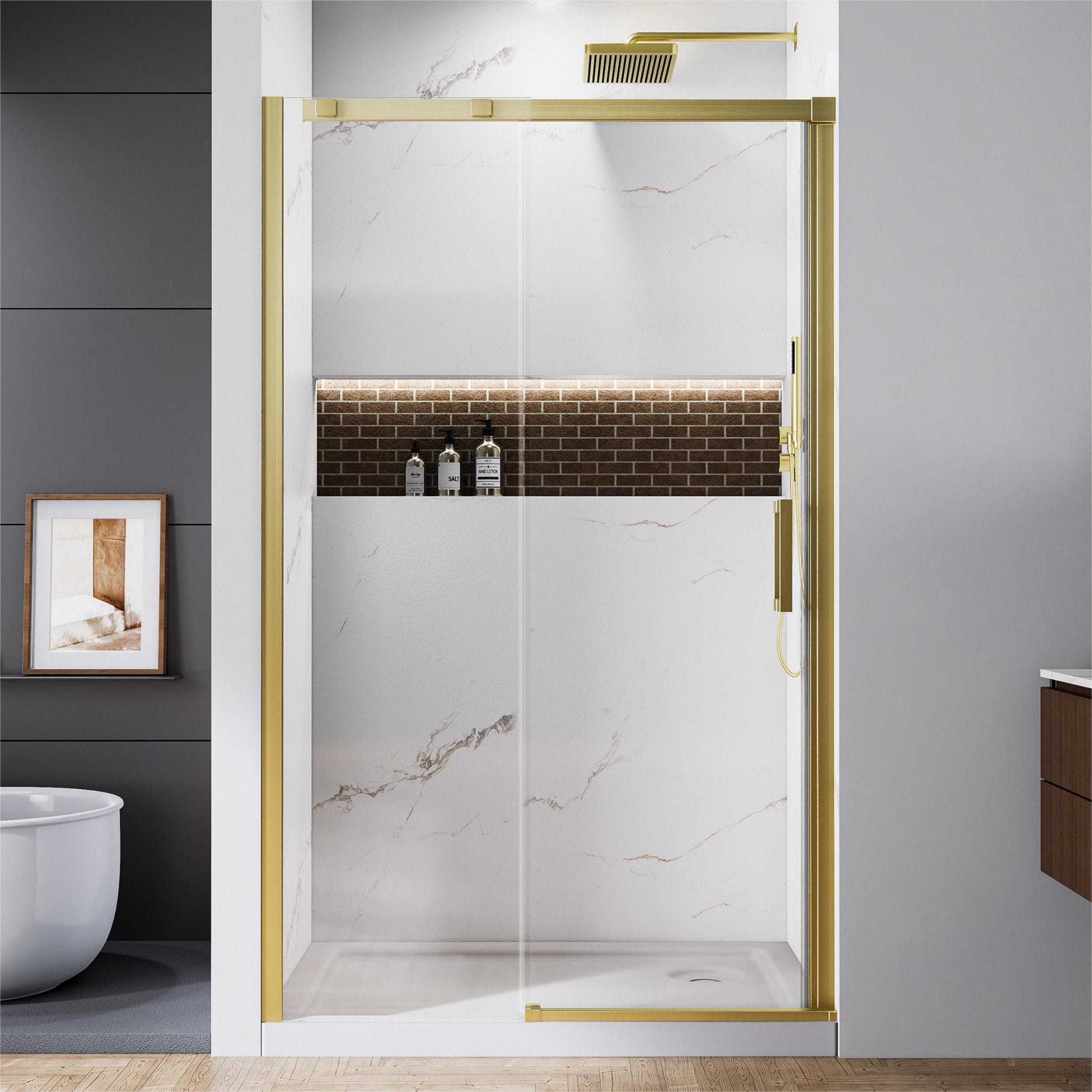 WELLFOR QPZ-TL19W Brushed Gold 44-in to 48-in W x 74-in H Framed Clear Glass Bypass Sliding Soft Close Shower door