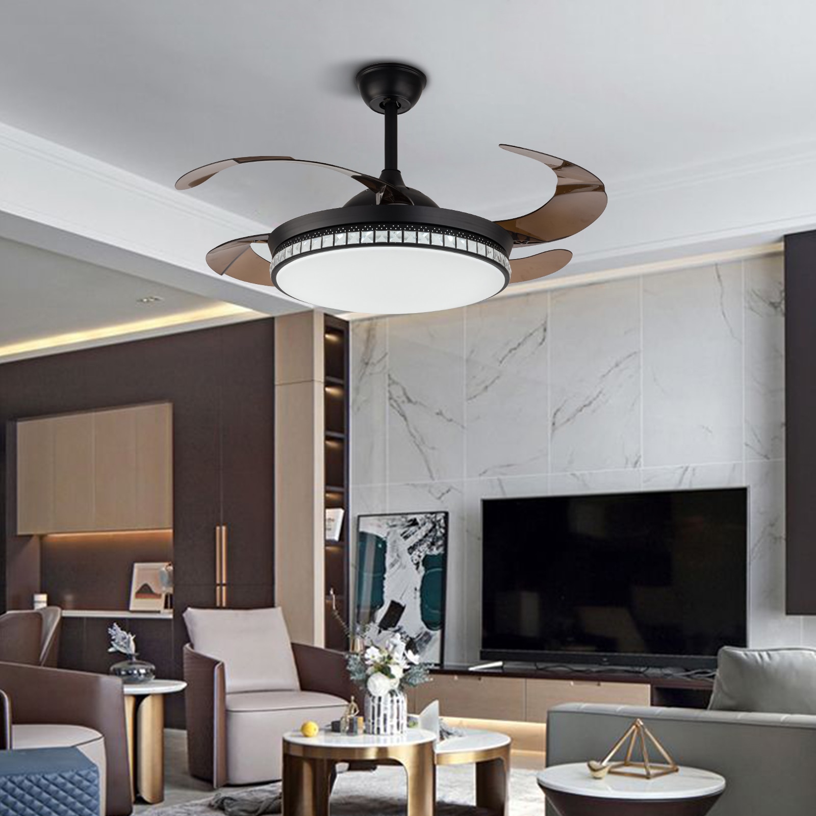 42-Inch Black Retractable Blade LED Chandelier Ceiling Fan