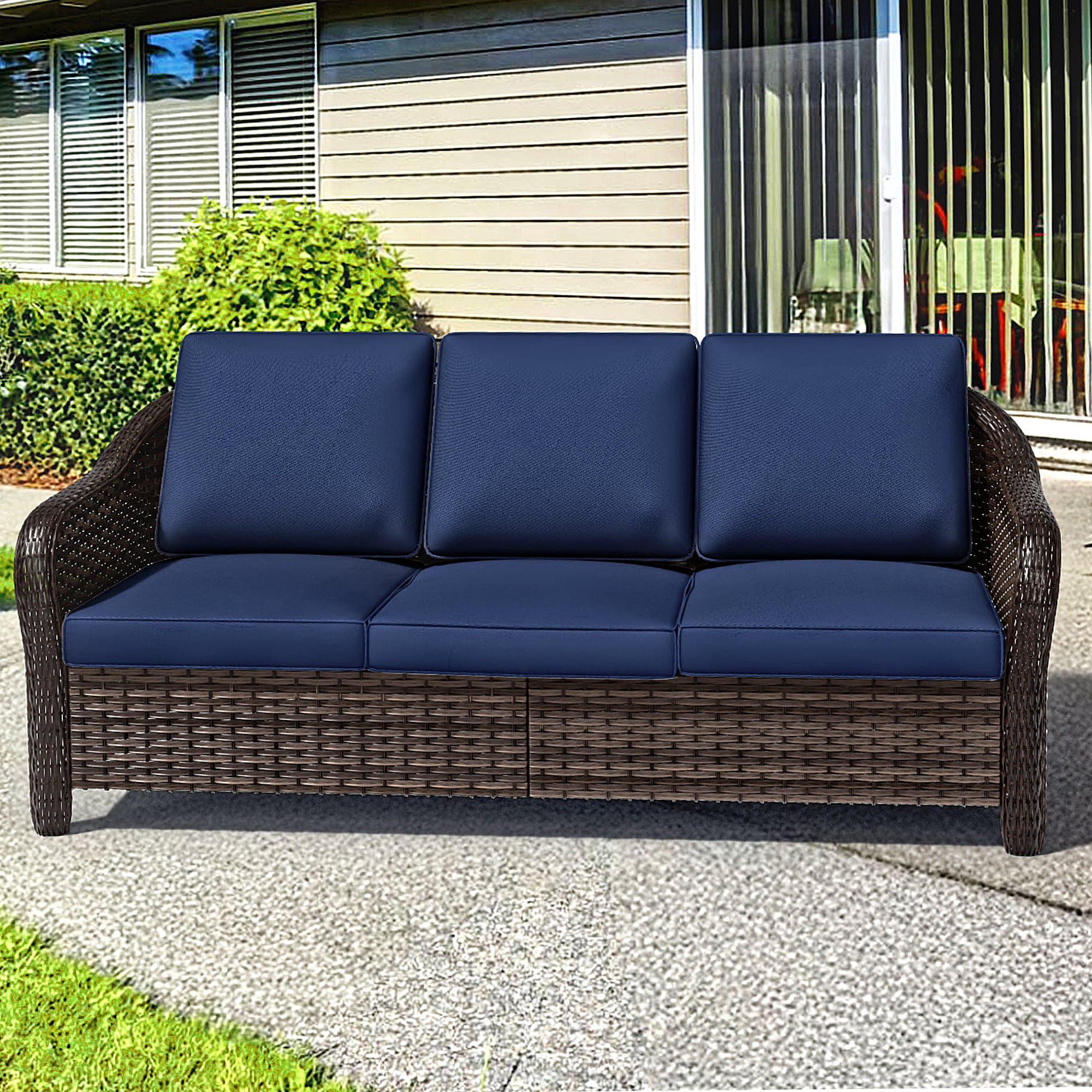 Gardenbee - Rattan Outdoor Sofa with Blue Cushions and Steel Frame