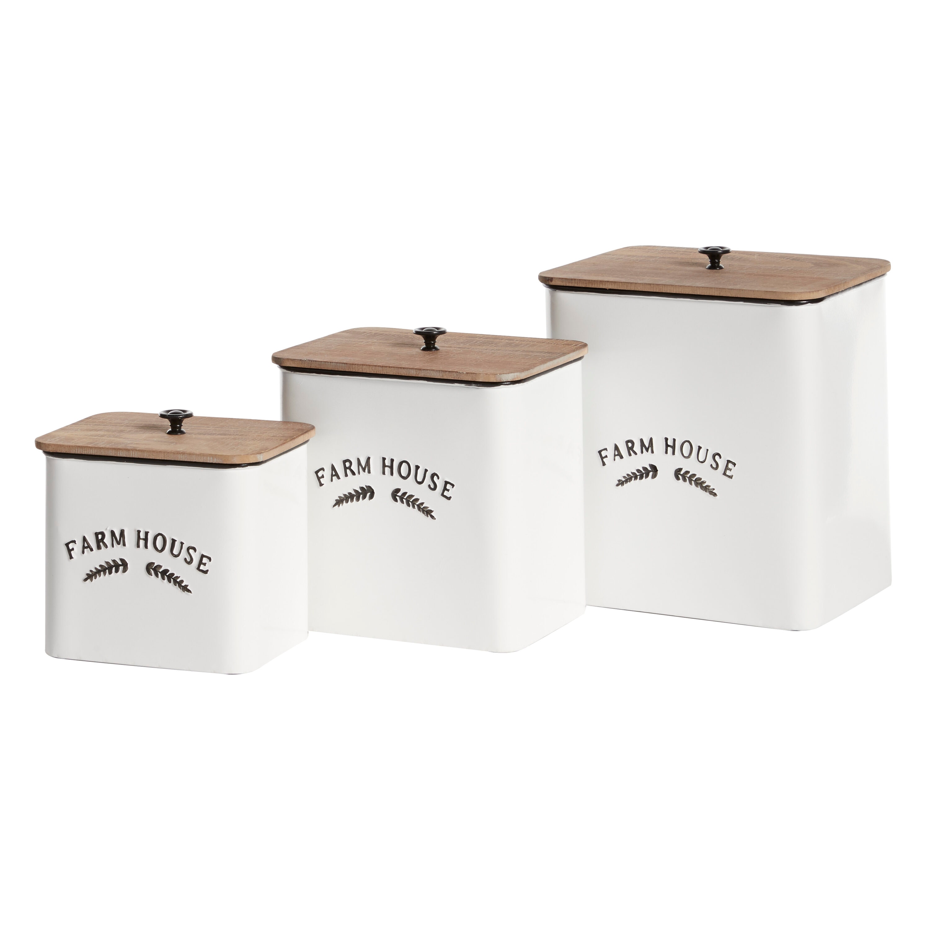 Farmhouse White Metal Canisters with Wood Lids, Set of 3