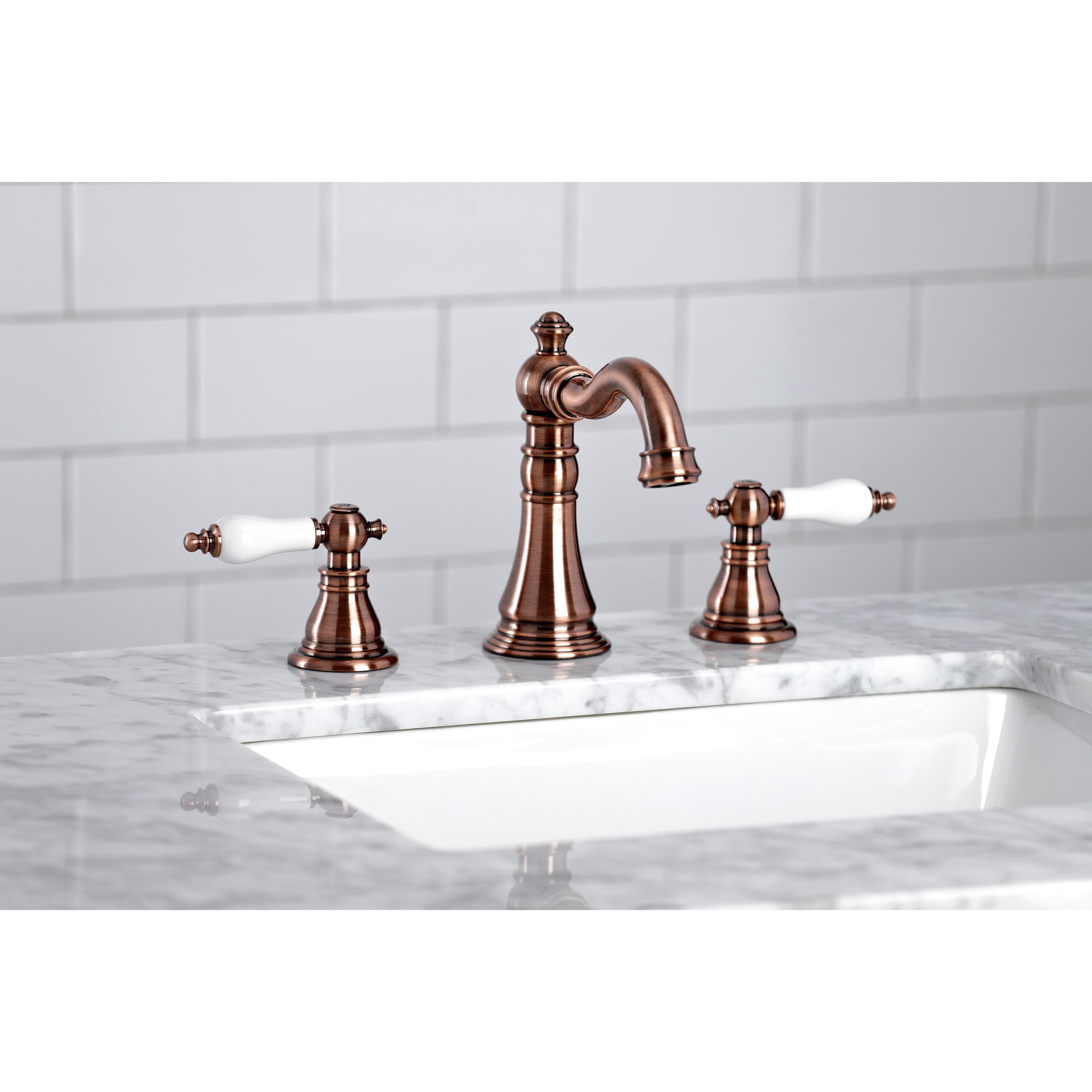 Kingston Brass WLFSC197APLAC American Patriot Antique copper Widespread 2-handle Low-arc Residential Handle Bathroom Sink Faucet with Drain