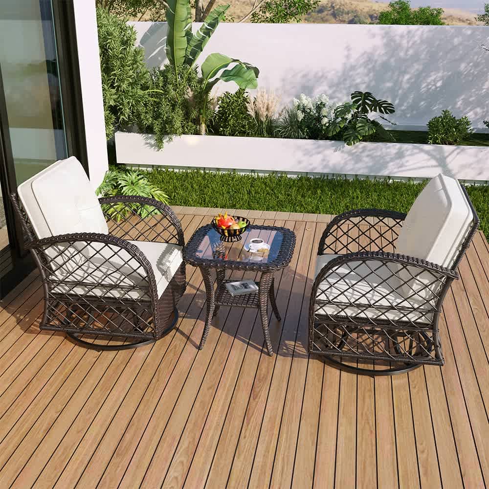 JUJABU ZJOUTCHAIR-2 Brown 3piece Outdoor Chair and Table Set Chat Set with Two Swiveling and Rocking Chairs and a Square Table for Garden