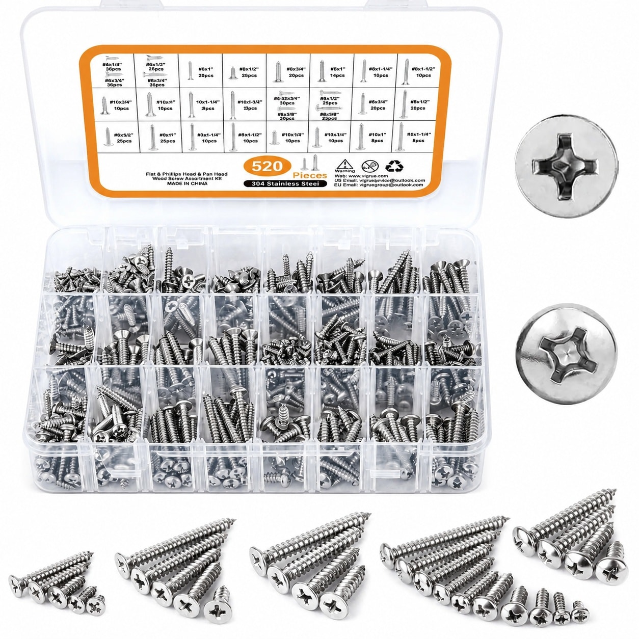 CYIKE  520 Piece Stainless Steel Wood Screw Assortment Kit Flat Head and Pan Head Philips Self Tapping Screws in Multiple Sizes