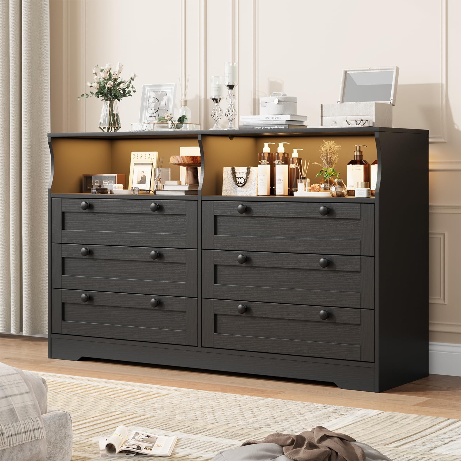 GarveeLife 6 Drawer Dresser for Bedroom with RGB LED Lights and Power Outlet 55in Wide Chests of Drawers Dresser TV Stand for 55 Inch TV one_size