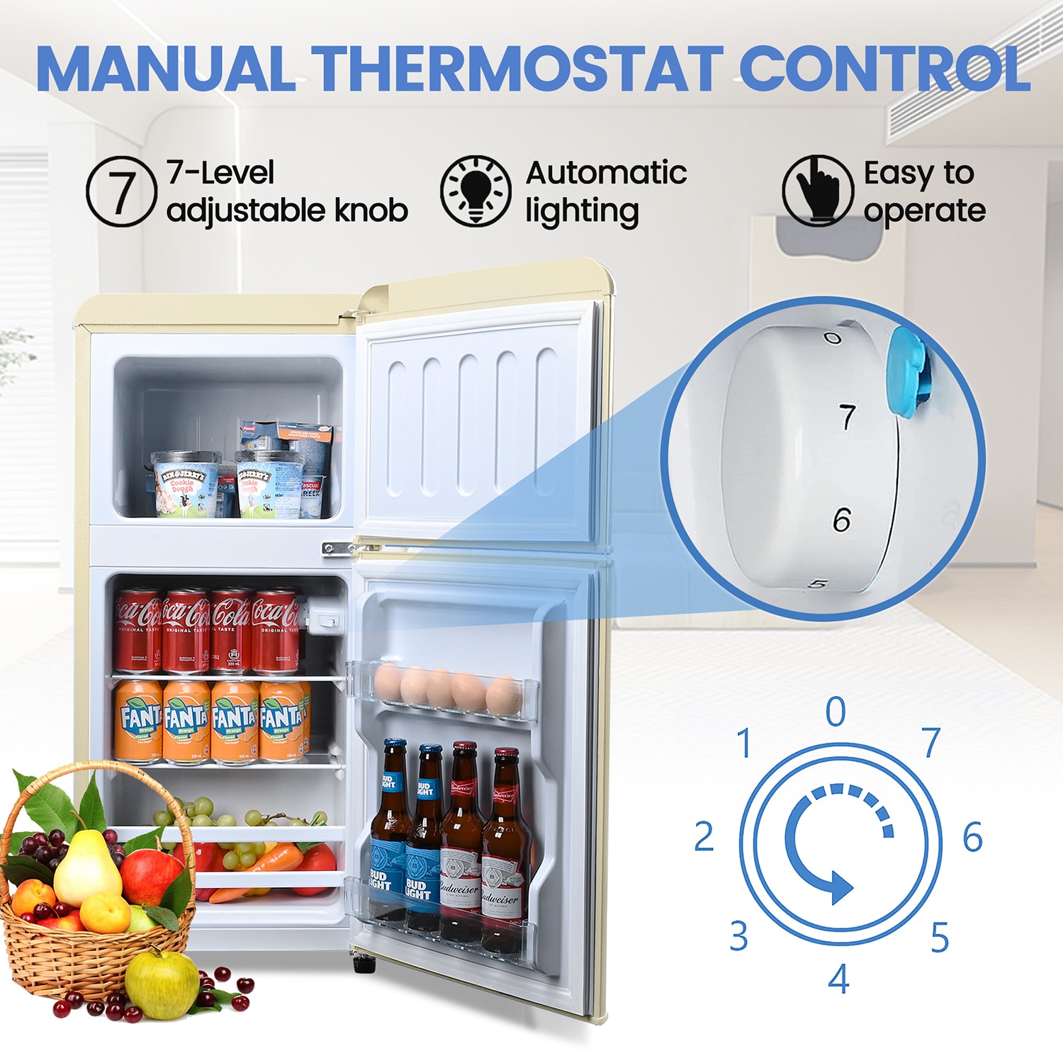 KRIB BLING 3.5 Cu.Ft Refrigerator 2 Door 7 Level Adjustable Thermostat  Control Top-Freezer Refrigerator Lock Fresh Energy Saving Red