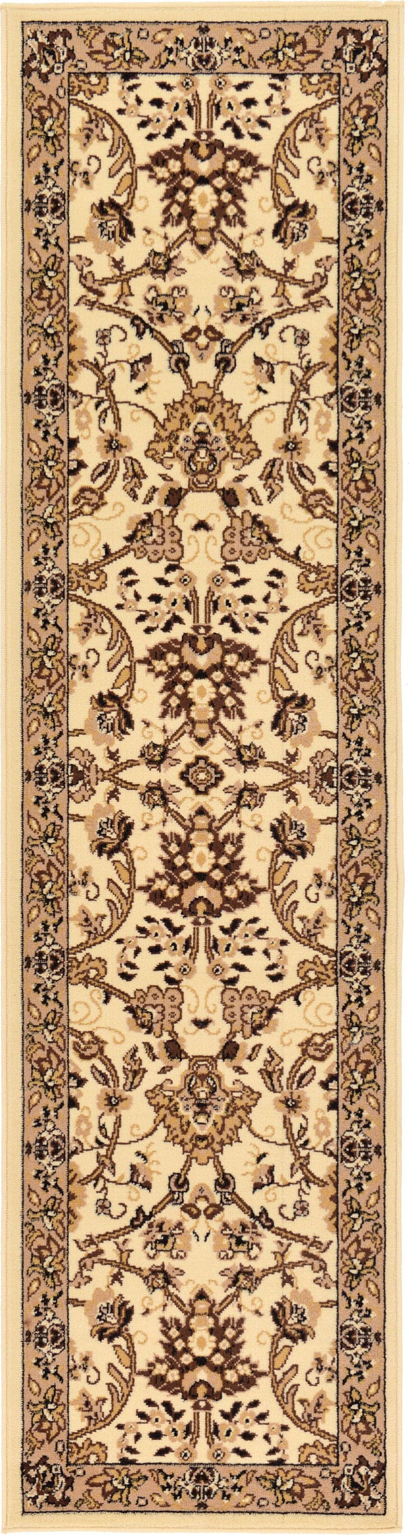 Ivory and Tan Floral Synthetic Runner Rug