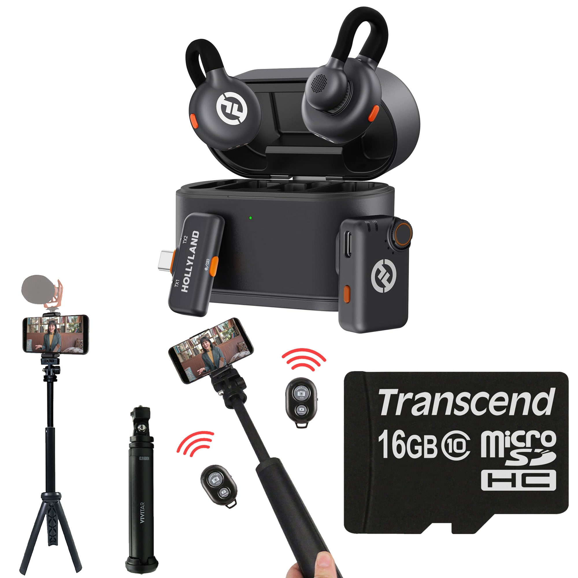 Hollyland  LARK M2S Mini Combo 2Person Wireless Microphone System  Universal Compatibility  Space Gray Vivitar 13 Inch Foldable Pocket Tripod with Wireless Remote and Smart Phone Bracket 16GB MicroSD Memory Card with Adapter