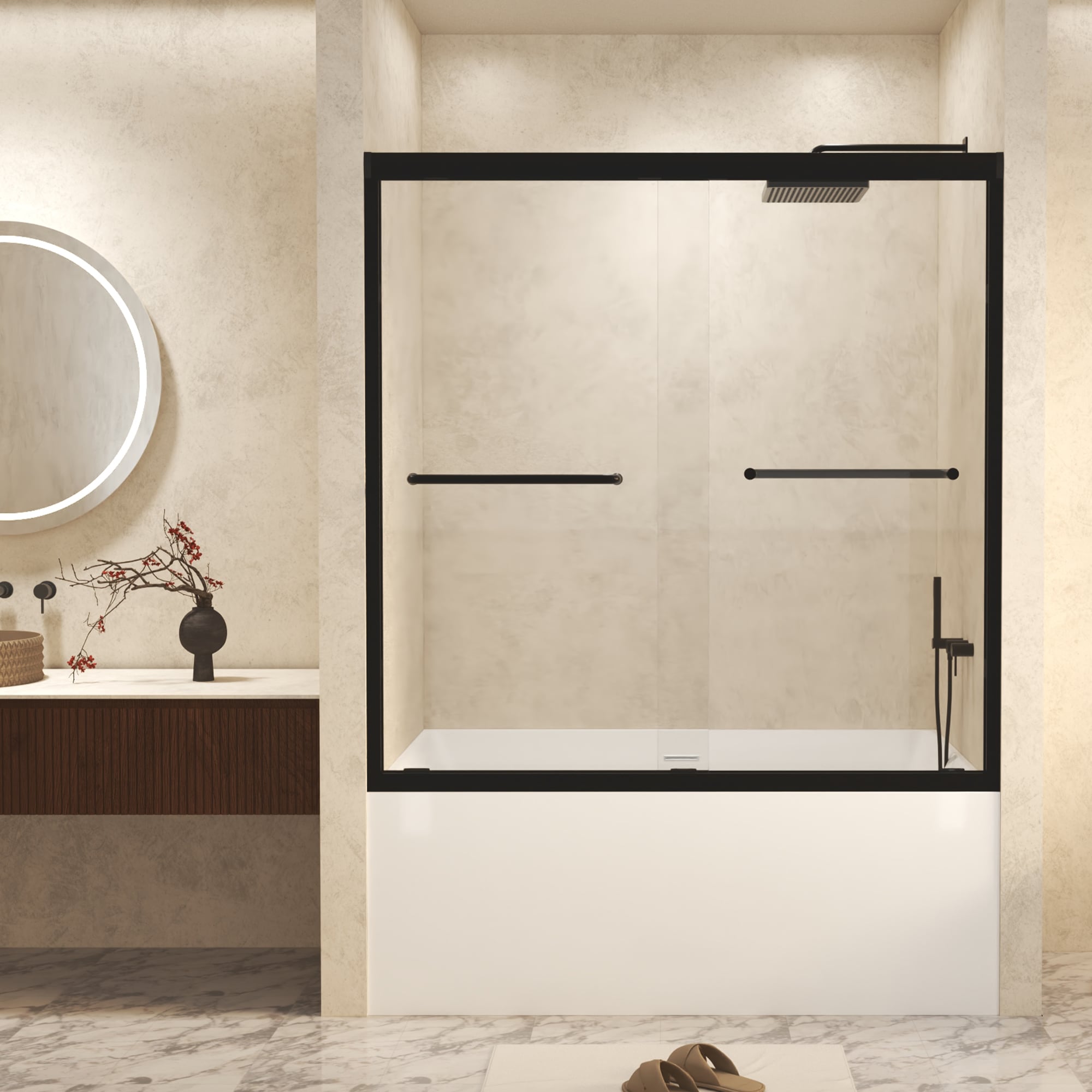 WELLFOR GTLSBWH02 Double Sliding Shower Door Matte Black 56-in to 60-in W x 60-in H Framed Bypass Sliding Bathtub Door