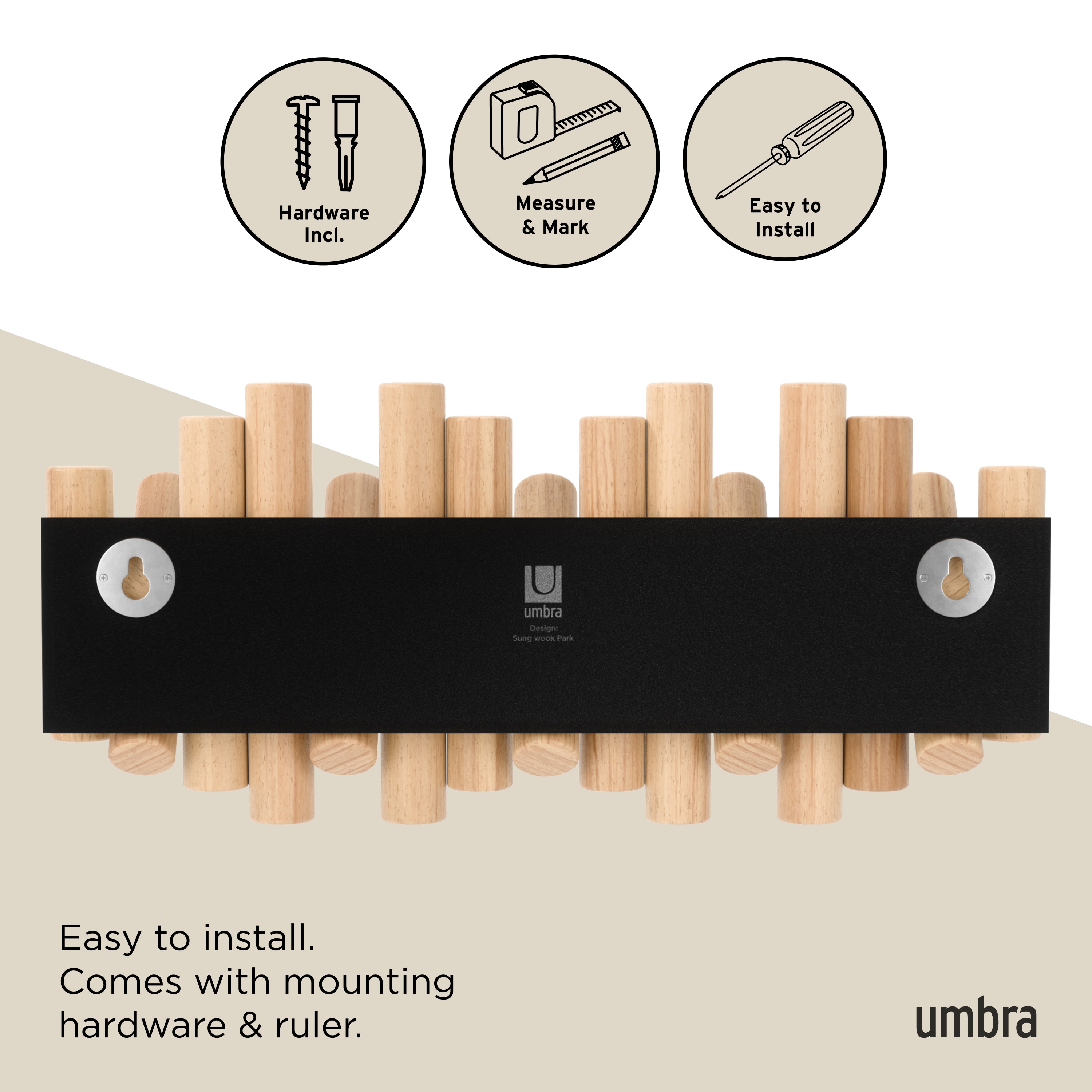 Beveled Pine Wood Wall Art with 5 Flip-Down Hooks