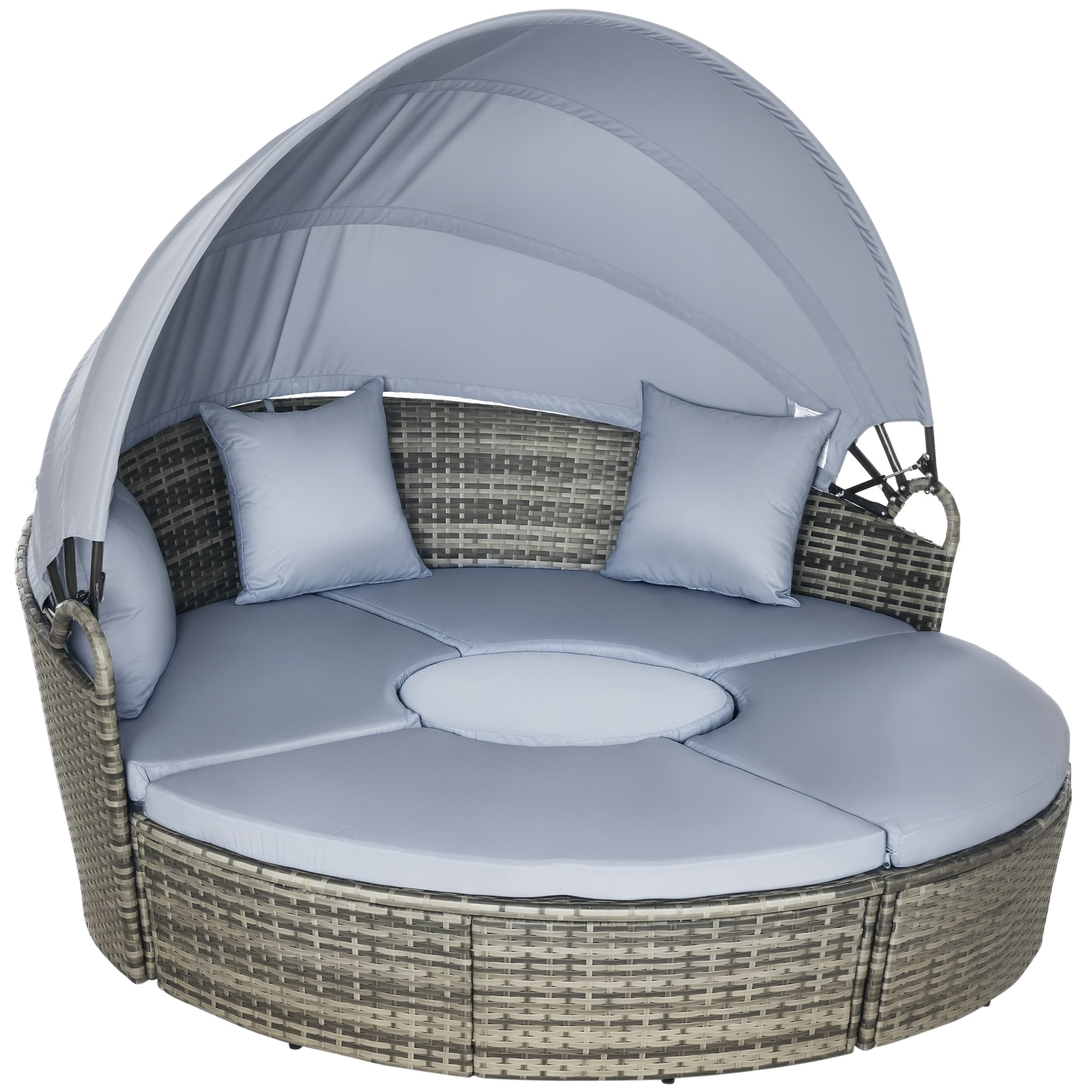 Outsunny 862-047V00GG 4 Piece Round Rattan Daybed Convertible Patio Furniture Set Adjustable Sun Canopy Sectional Outdoor Sofa 2 Chairs Extending Tea Table Ottoman Chair 3 Pillows Light Gray