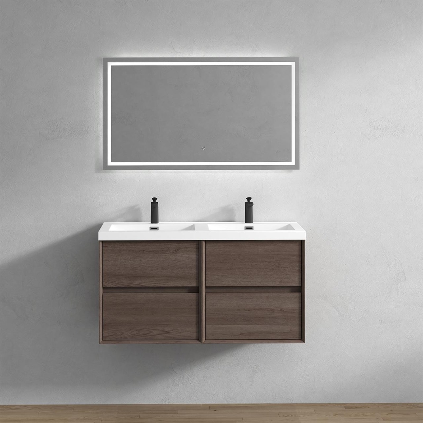 BV Better Vanity SLIM48D-RO Kingdee 48-in Red Oak Double Sink Floating Bathroom Vanity with White Acrylic Top
